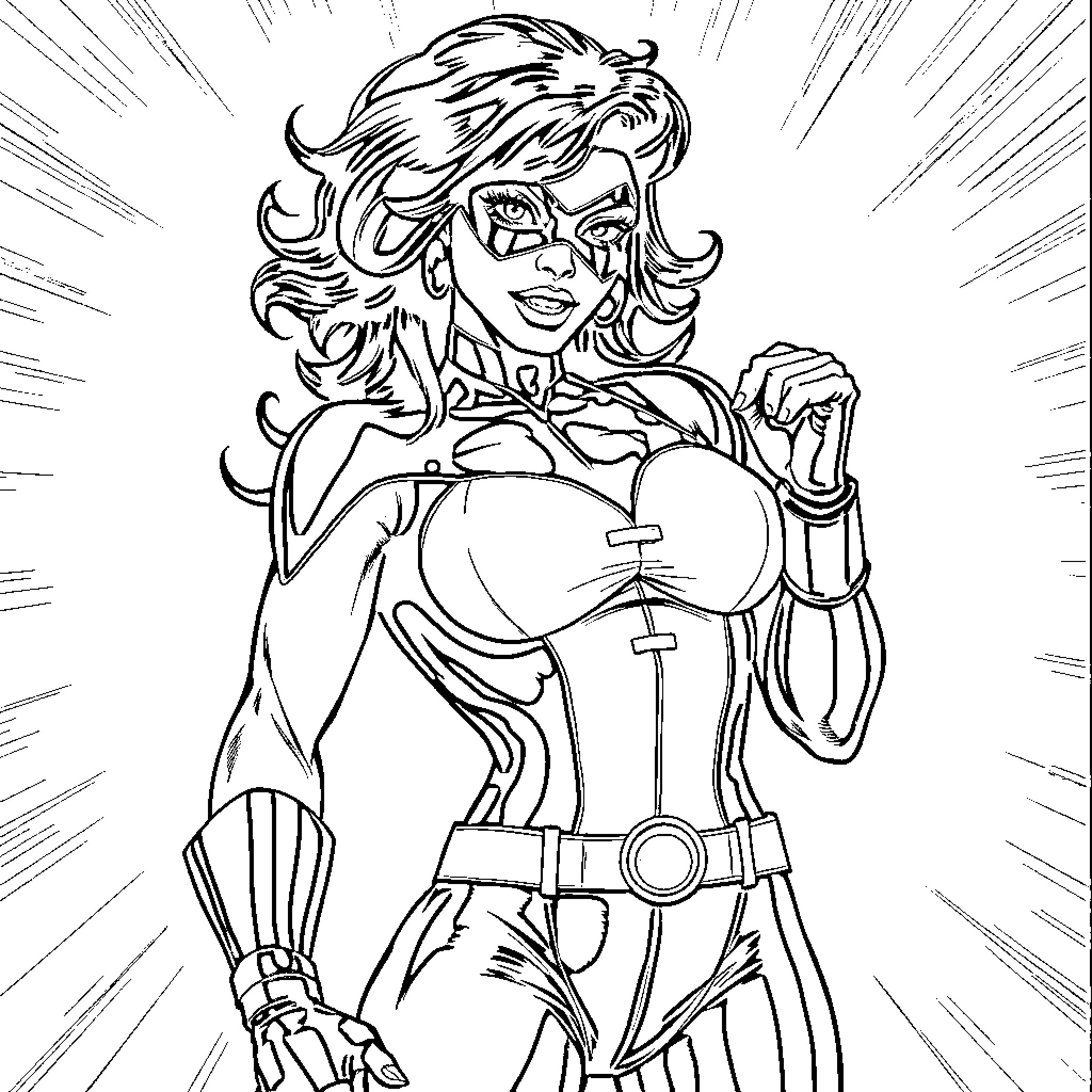 Dominó - Heroine Wielding Sword with Determination Coloring Page (free black-and-white line drawing printable PDF for all, from beginners to advanced learners, including children, teens, adults, and seniors)