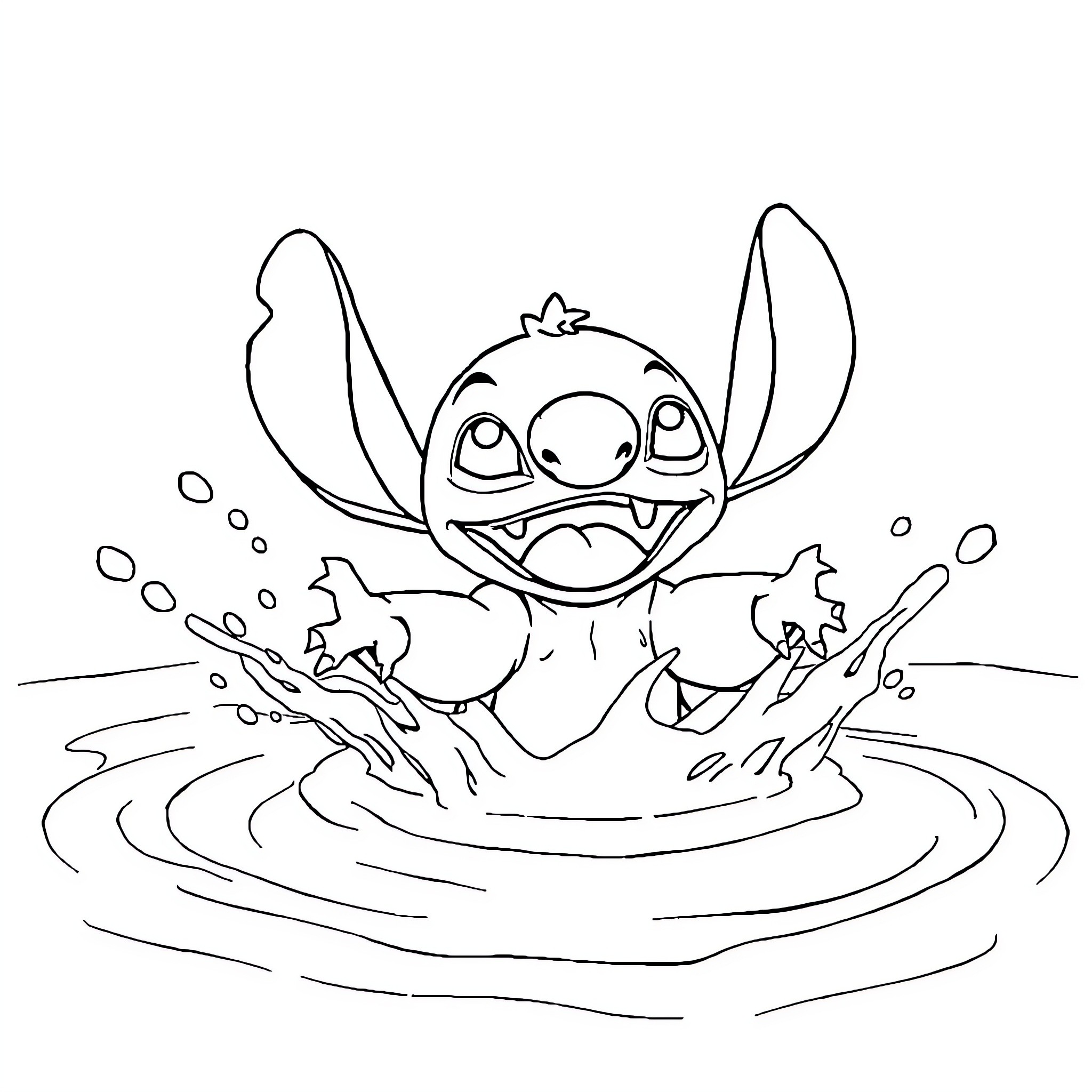 Stitch splashing joyfully in the puddle Coloring Page (free black-and-white line drawing printable PDF for all, from beginners to advanced learners, including children, teens, adults, and seniors)