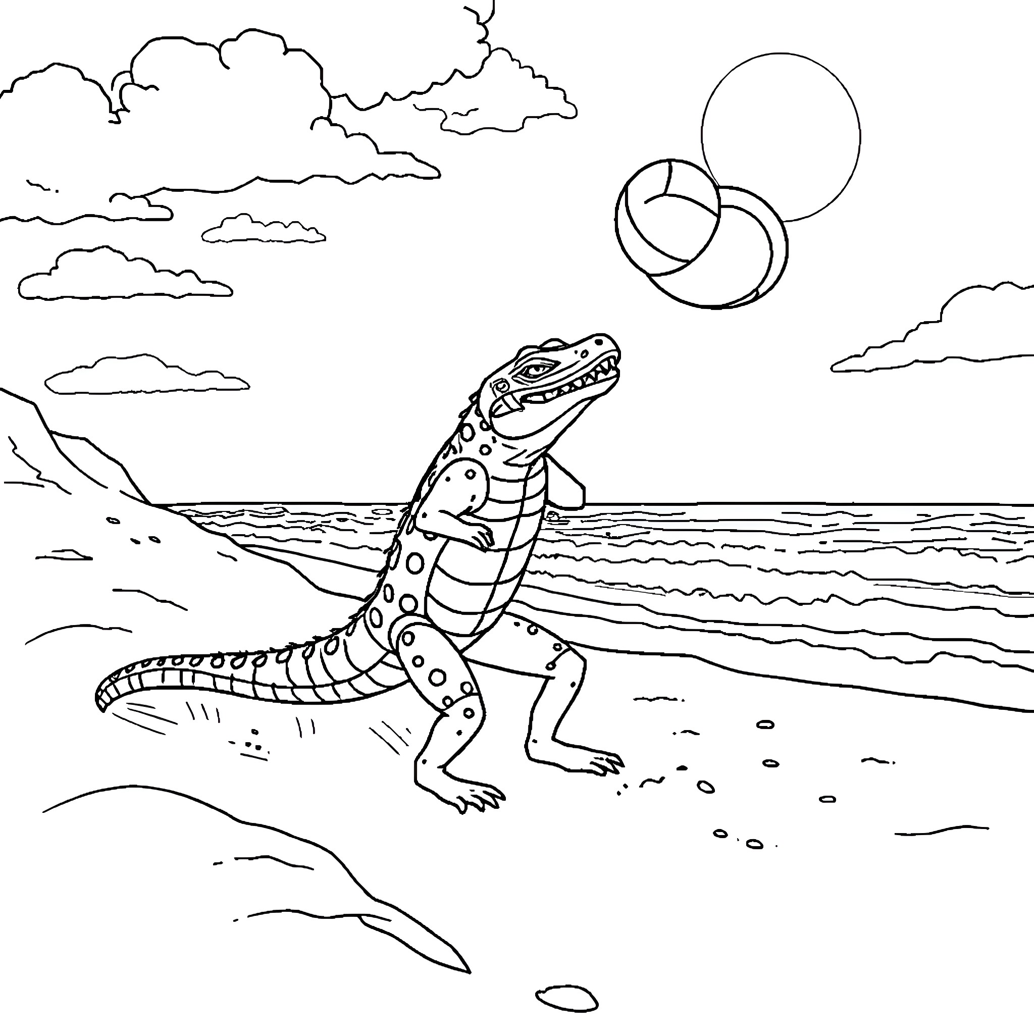 Argonian lizard enjoying tranquil coastal scene Coloring Page (free black-and-white line drawing printable PDF for all, from beginners to advanced learners, including children, teens, adults, and seniors)