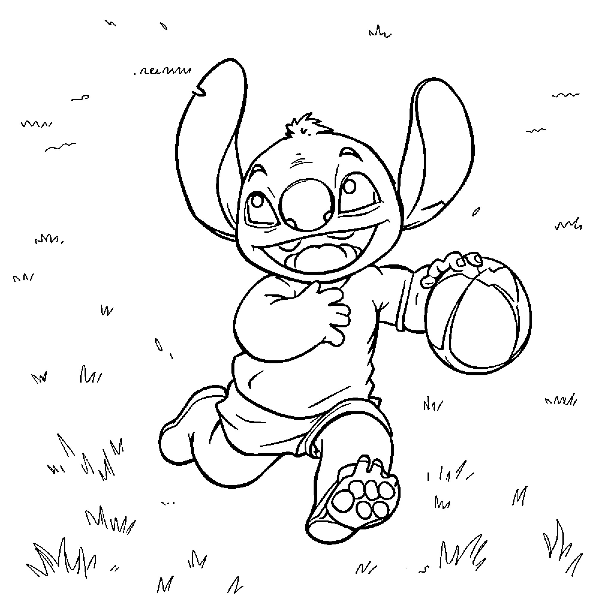 Stitch running joyfully with a ball Coloring Page (free black-and-white line drawing printable PDF for all, from beginners to advanced learners, including children, teens, adults, and seniors)