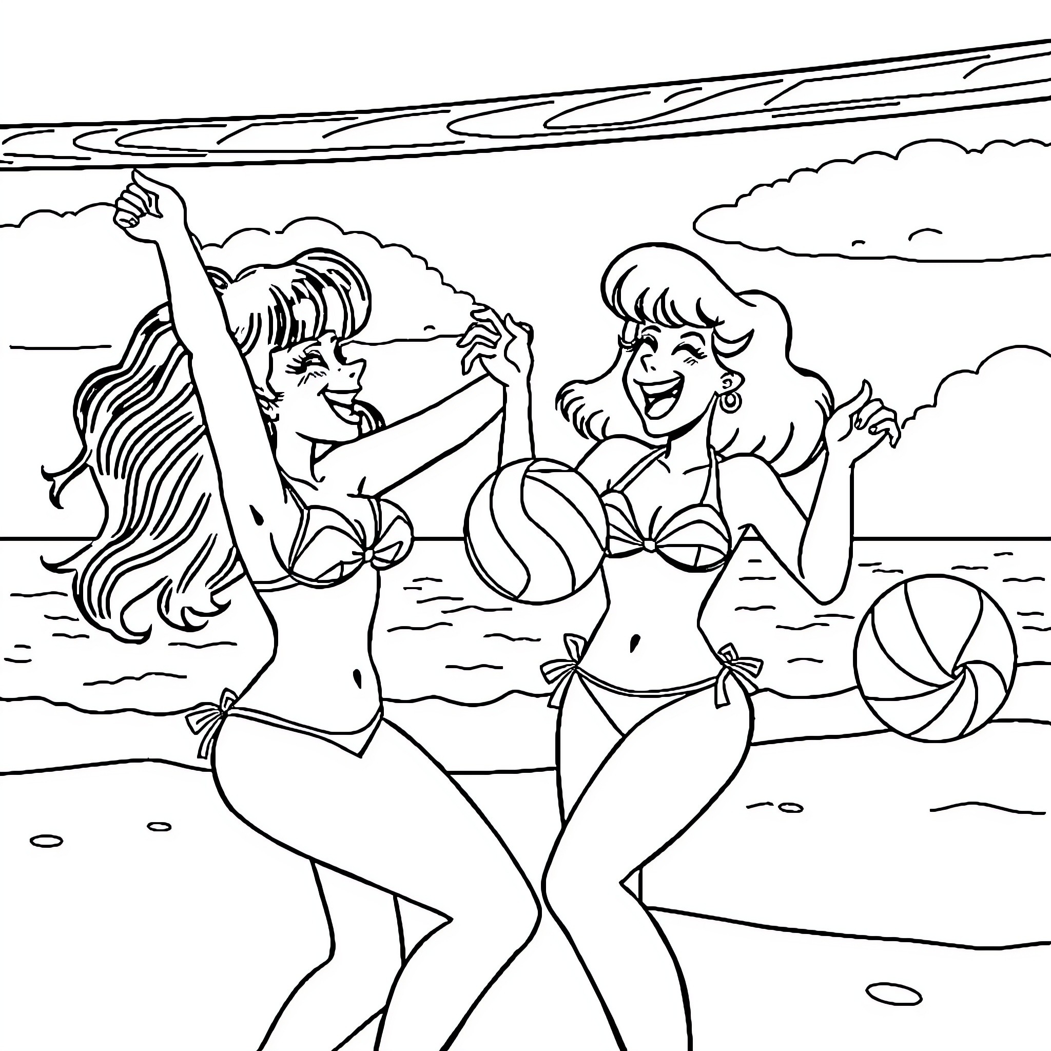 Velma and Daphne Enjoying Summer Fun at the Beach Coloring Page (free black-and-white line drawing printable PDF for all, from beginners to advanced learners, including children, teens, adults, and seniors)