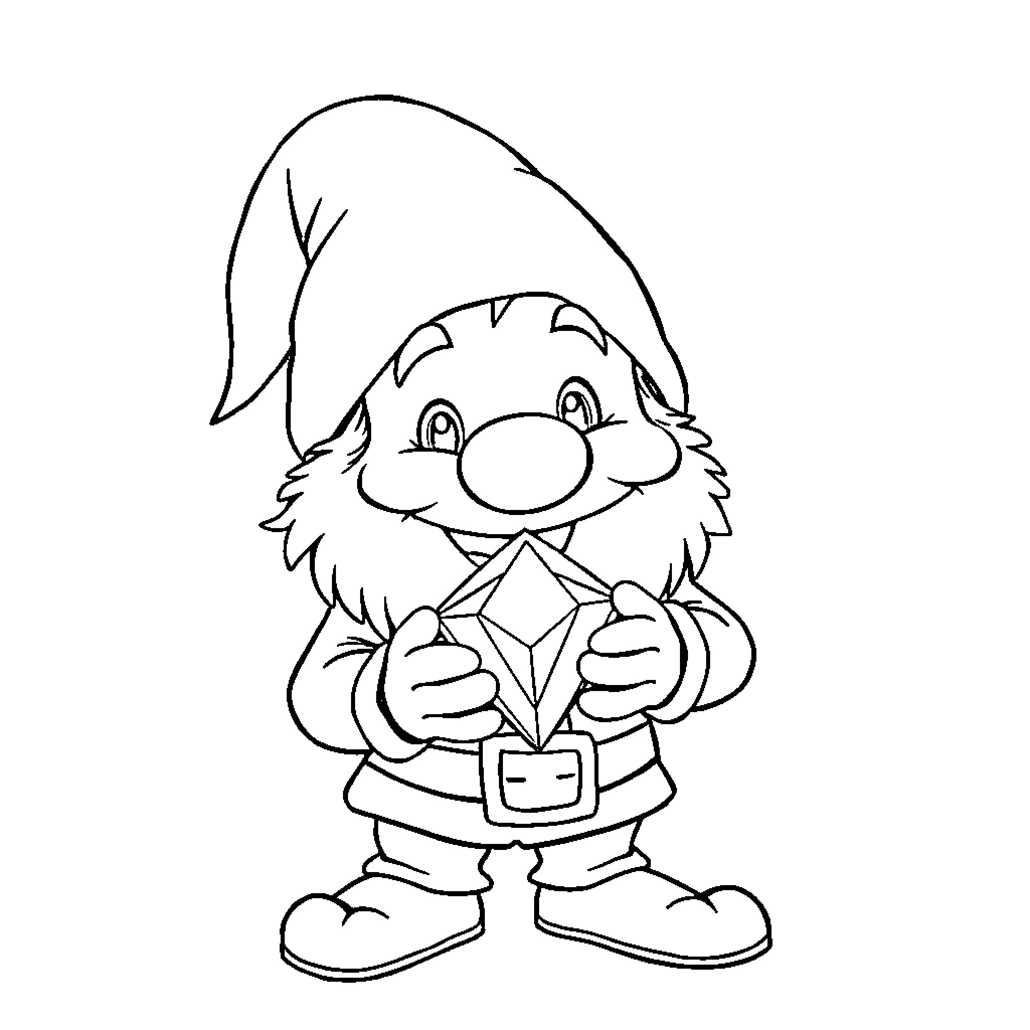 Dwarf in Festive Outfit Gesturing Happily Coloring Page (free black-and-white line drawing printable PDF for all, from beginners to advanced learners, including children, teens, adults, and seniors)
