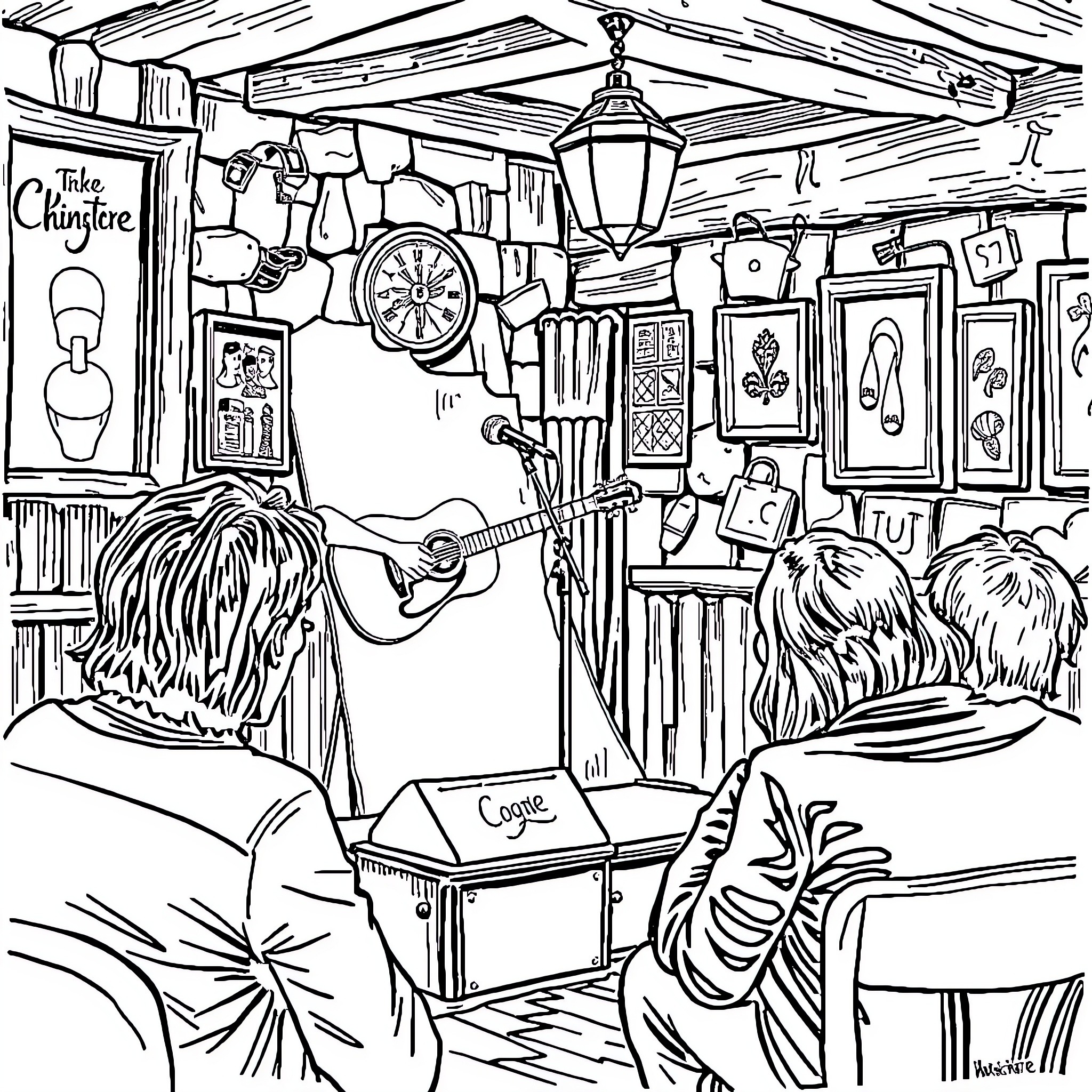 Singer performing live music in cozy cafe setting Coloring Page (free black-and-white line drawing printable PDF for all, from beginners to advanced learners, including children, teens, adults, and seniors)
