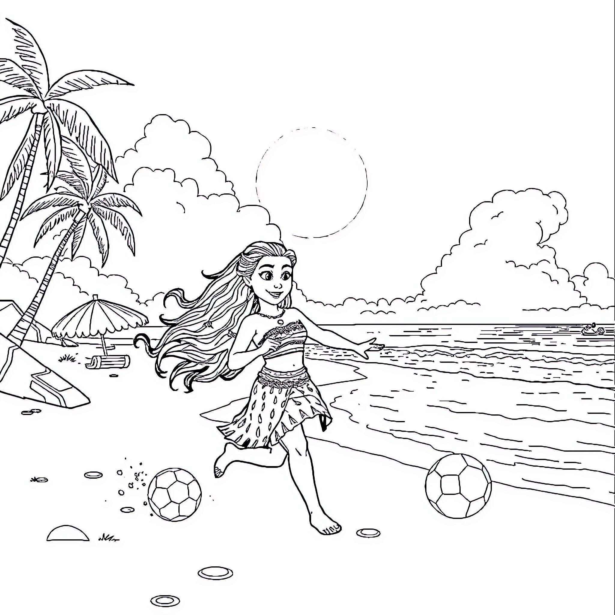 Moana playing on the beach with tropical scenery Coloring Page (free black-and-white line drawing printable PDF for all, from beginners to advanced learners, including children, teens, adults, and seniors)