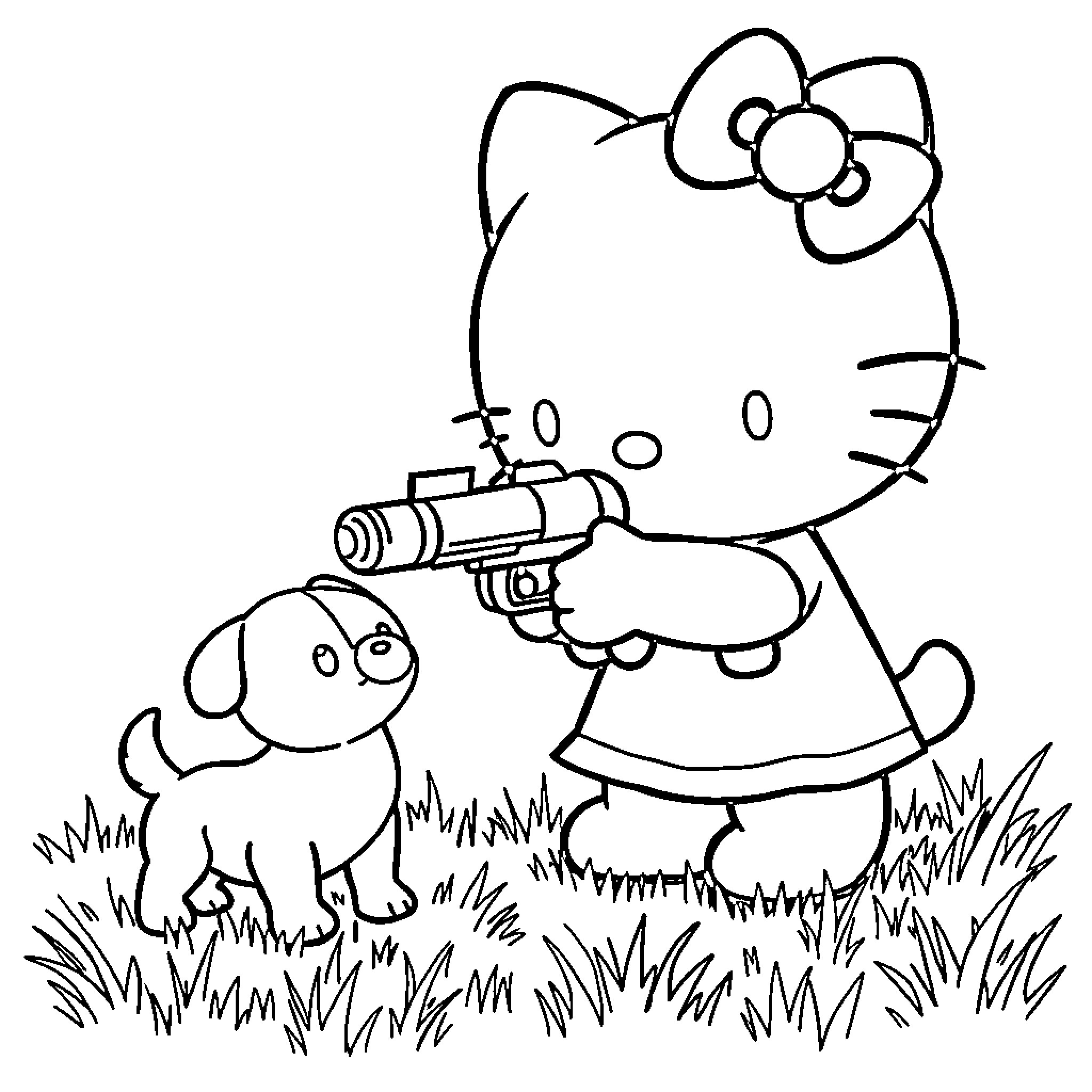 Hello Kitty holding a toy gun with a dog Coloring Page (free black-and-white line drawing printable PDF for all, from beginners to advanced learners, including children, teens, adults, and seniors)