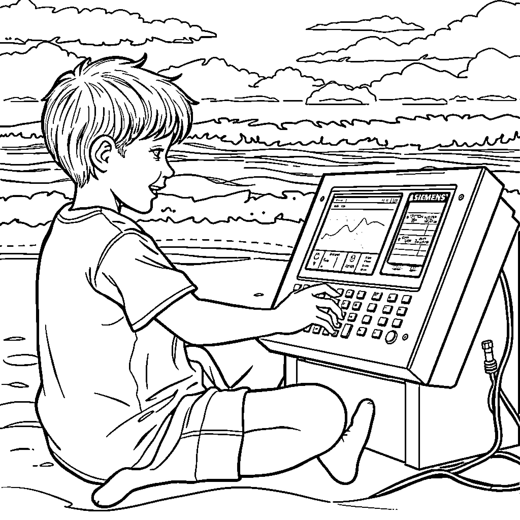 Kids exploring technology outdoors Coloring Page (free black-and-white line drawing printable PDF for all, from beginners to advanced learners, including children, teens, adults, and seniors)