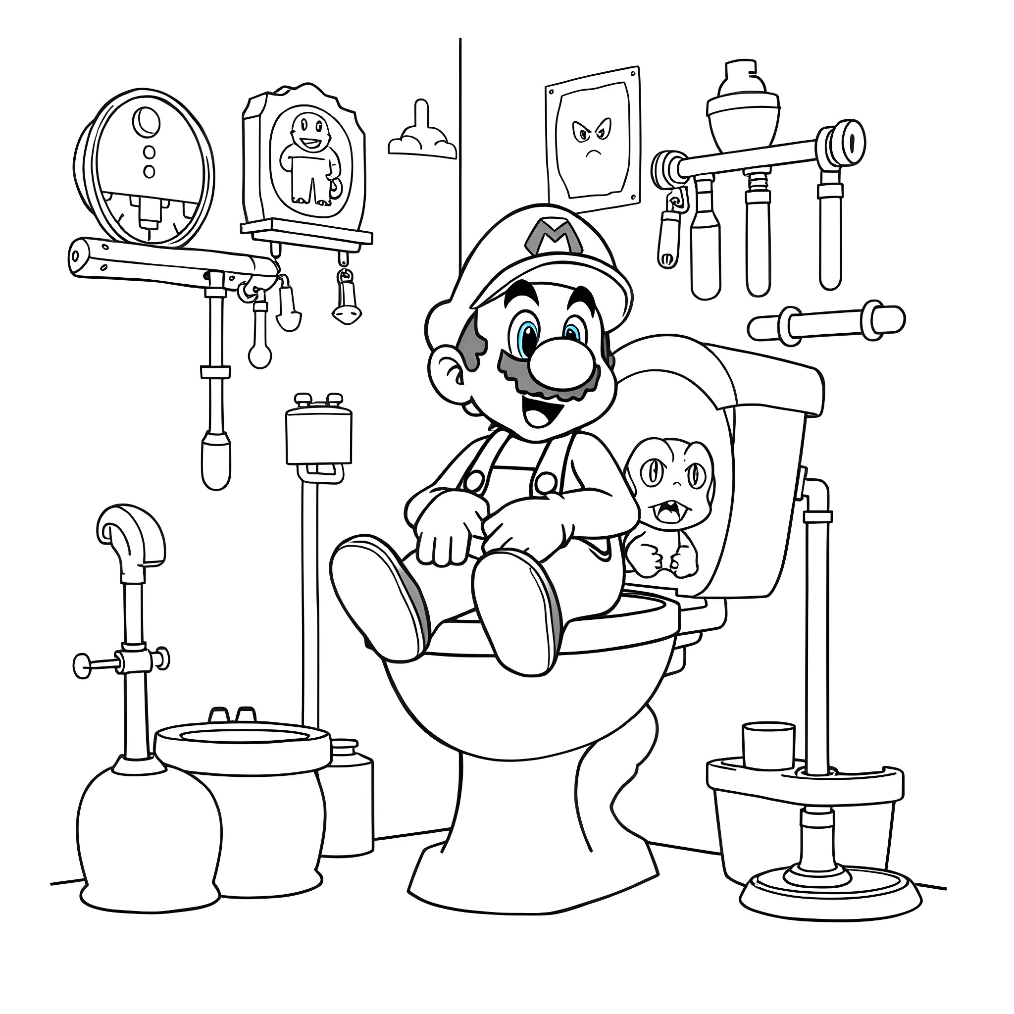 Mario Relaxing in the Bathroom Coloring Page (free black-and-white line drawing printable PDF for all, from beginners to advanced learners, including children, teens, adults, and seniors)