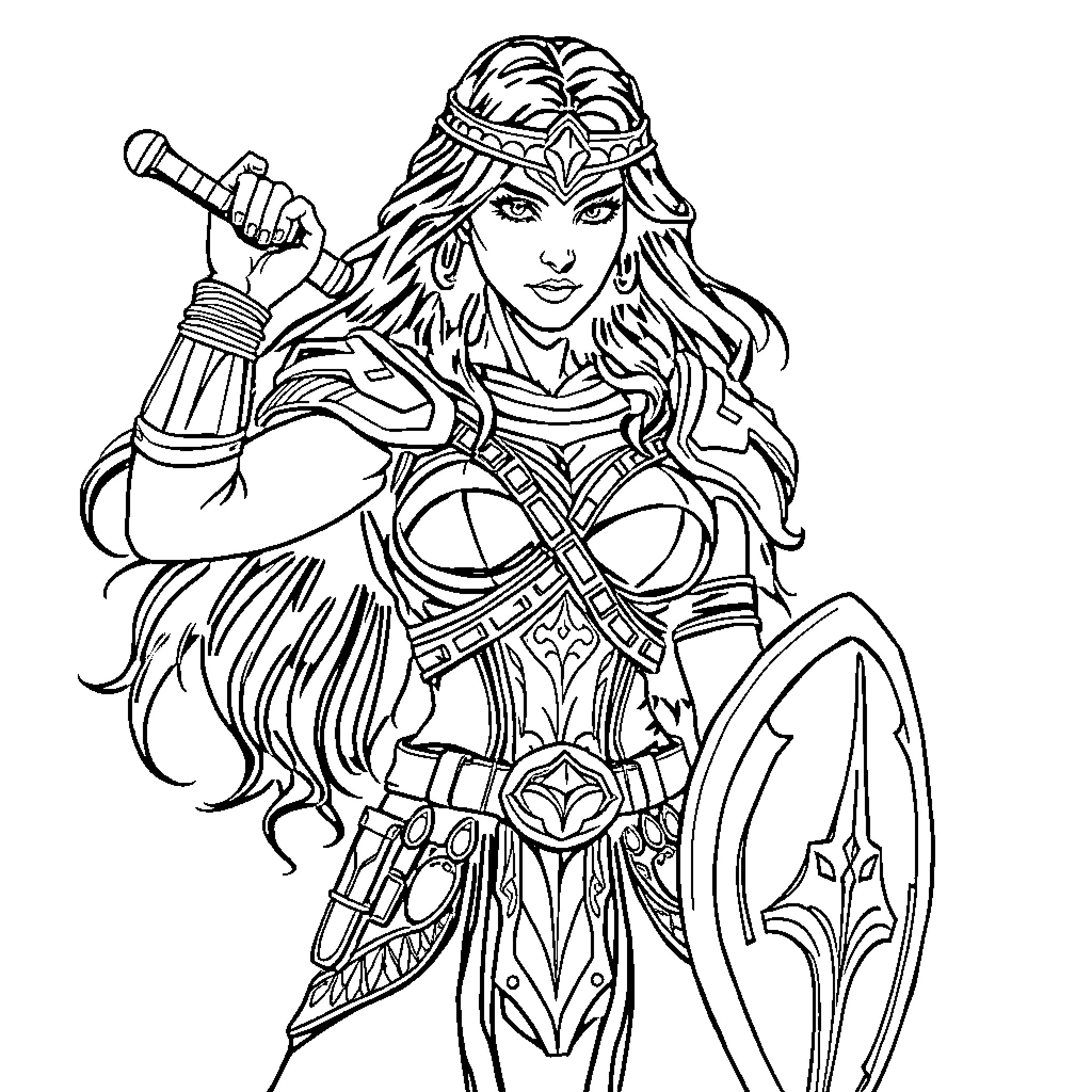 Xena the Warrior Princess in battle pose Coloring Page (free black-and-white line drawing printable PDF for all, from beginners to advanced learners, including children, teens, adults, and seniors)