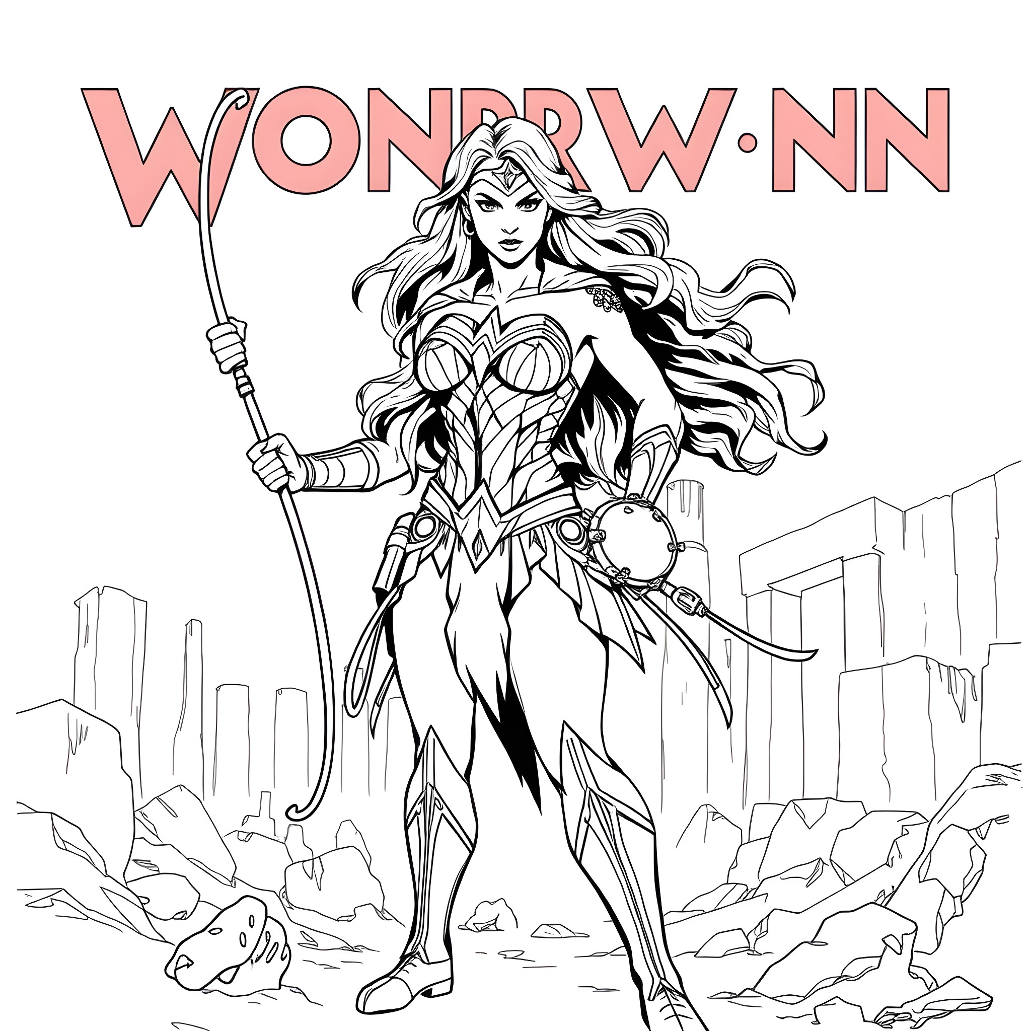 Wonder Woman Heroically Battling in Ruined City Coloring Page (free black-and-white line drawing printable PDF for all, from beginners to advanced learners, including children, teens, adults, and seniors)