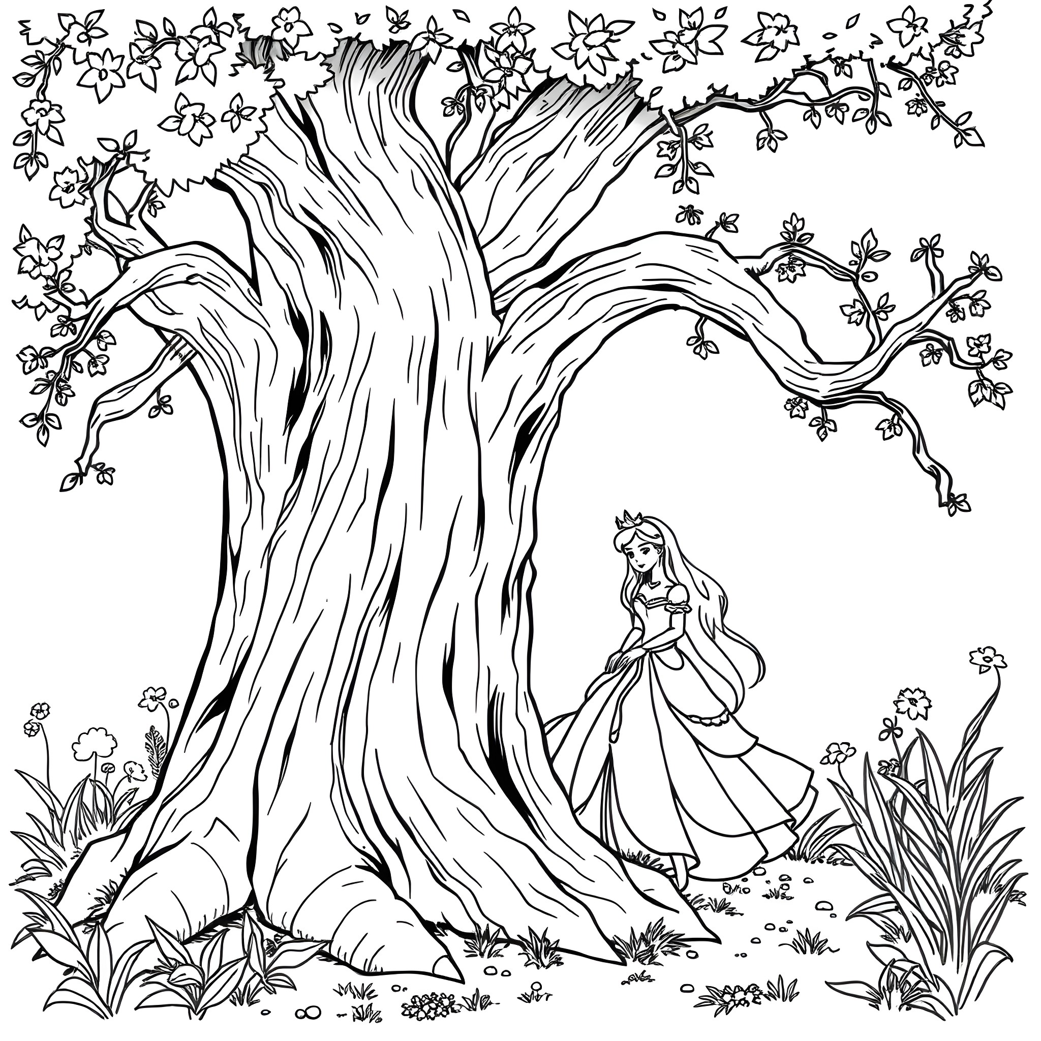 Princess explores the enchanted forest with flowers Coloring Page (free black-and-white line drawing printable PDF for all, from beginners to advanced learners, including children, teens, adults, and seniors)