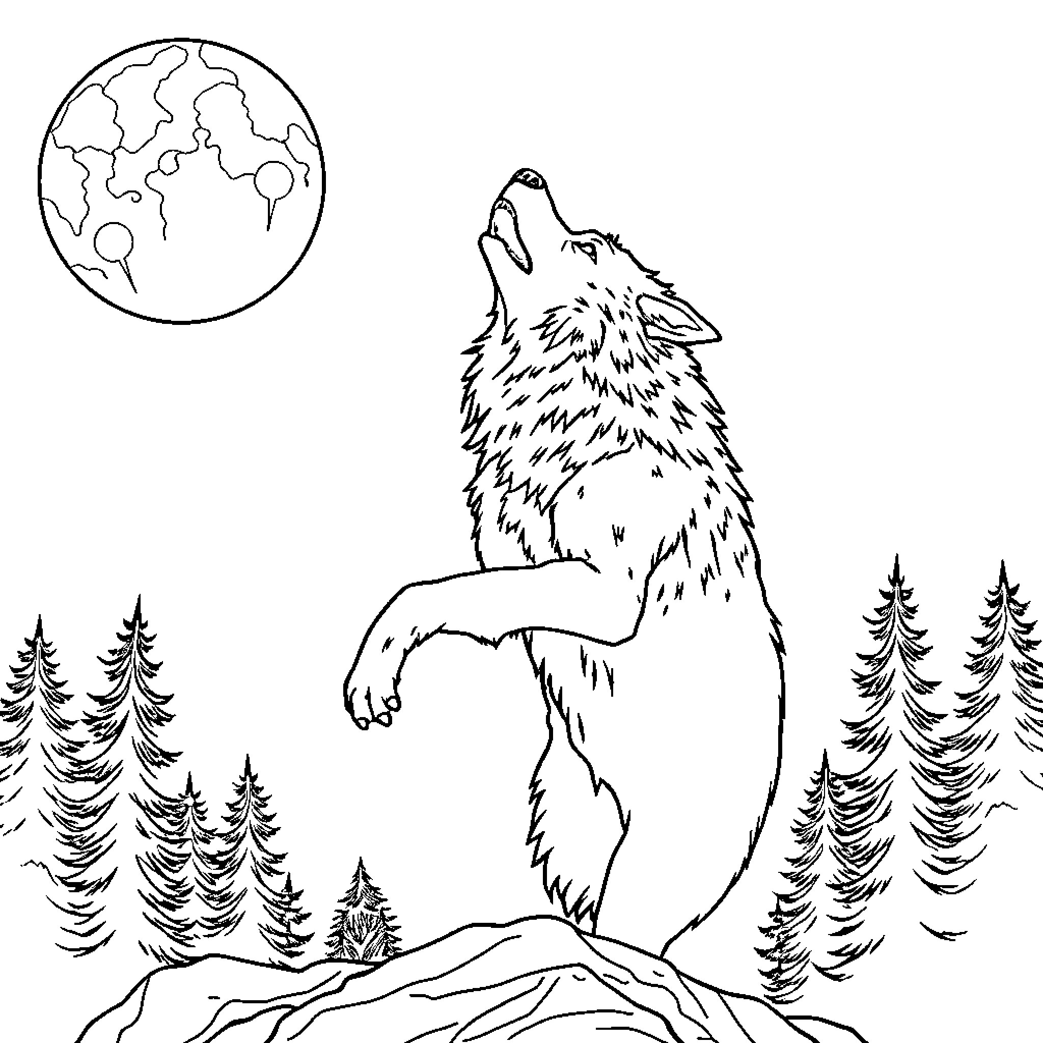 Wolf howling under the moon in the forest Coloring Page (free black-and-white line drawing printable PDF for all, from beginners to advanced learners, including children, teens, adults, and seniors)