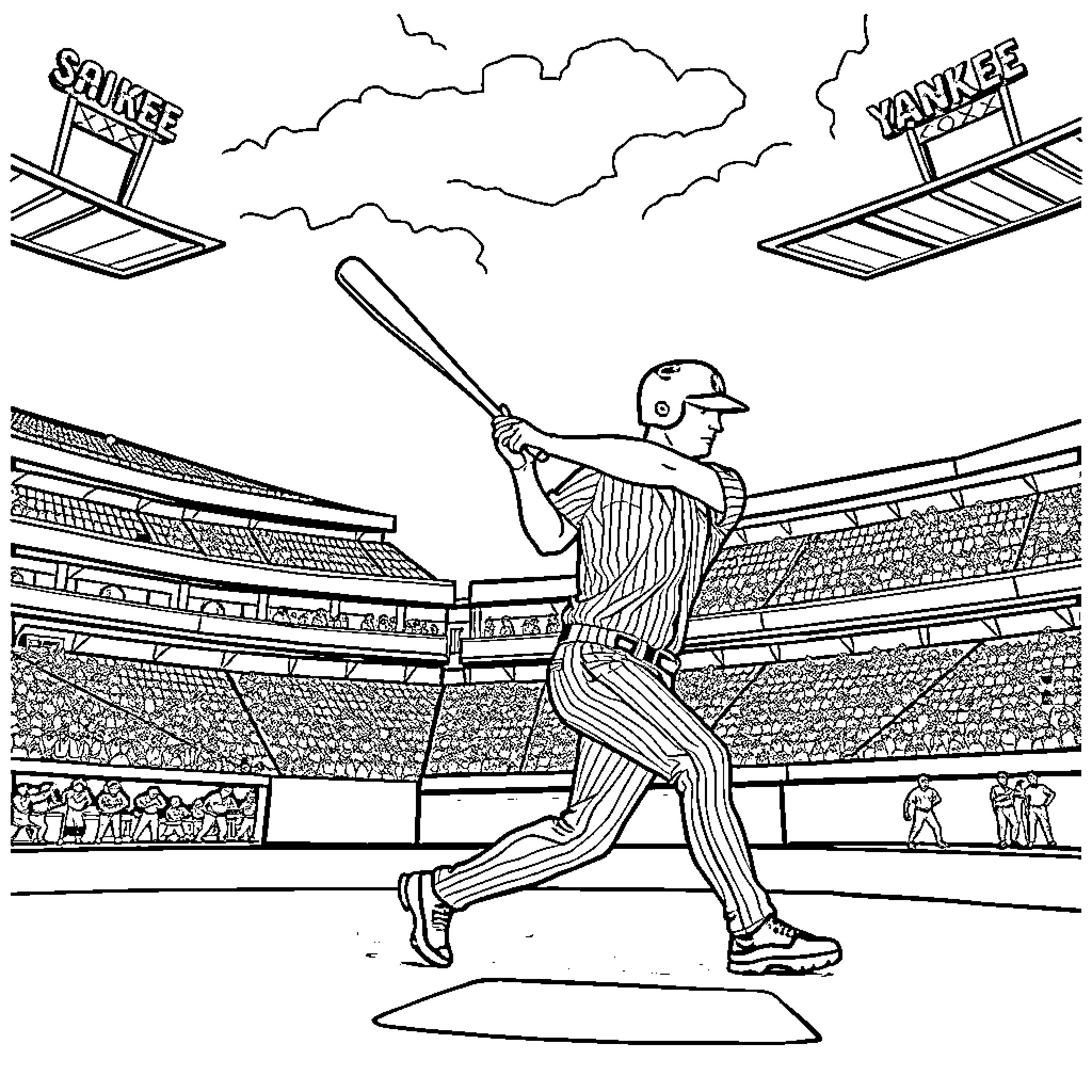 Fox batter swinging for a home run at the stadium Coloring Page (free black-and-white line drawing printable PDF for all, from beginners to advanced learners, including children, teens, adults, and seniors)