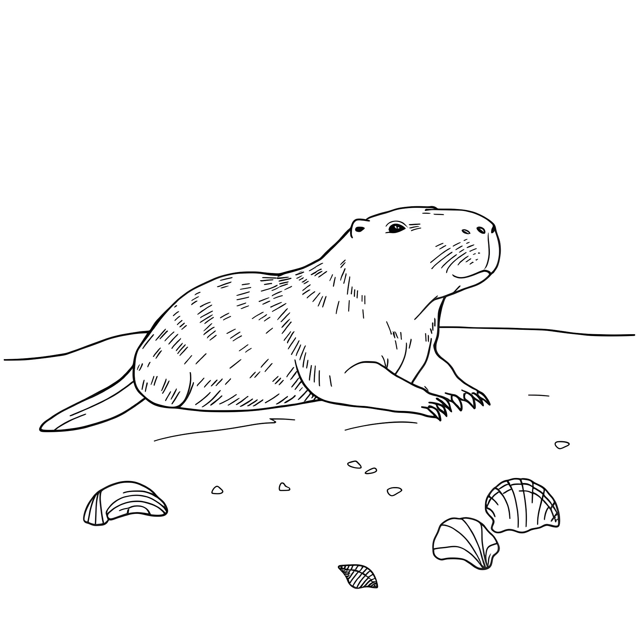 Capybara resting on the shore with seashells Coloring Page (free black-and-white line drawing printable PDF for all, from beginners to advanced learners, including children, teens, adults, and seniors)