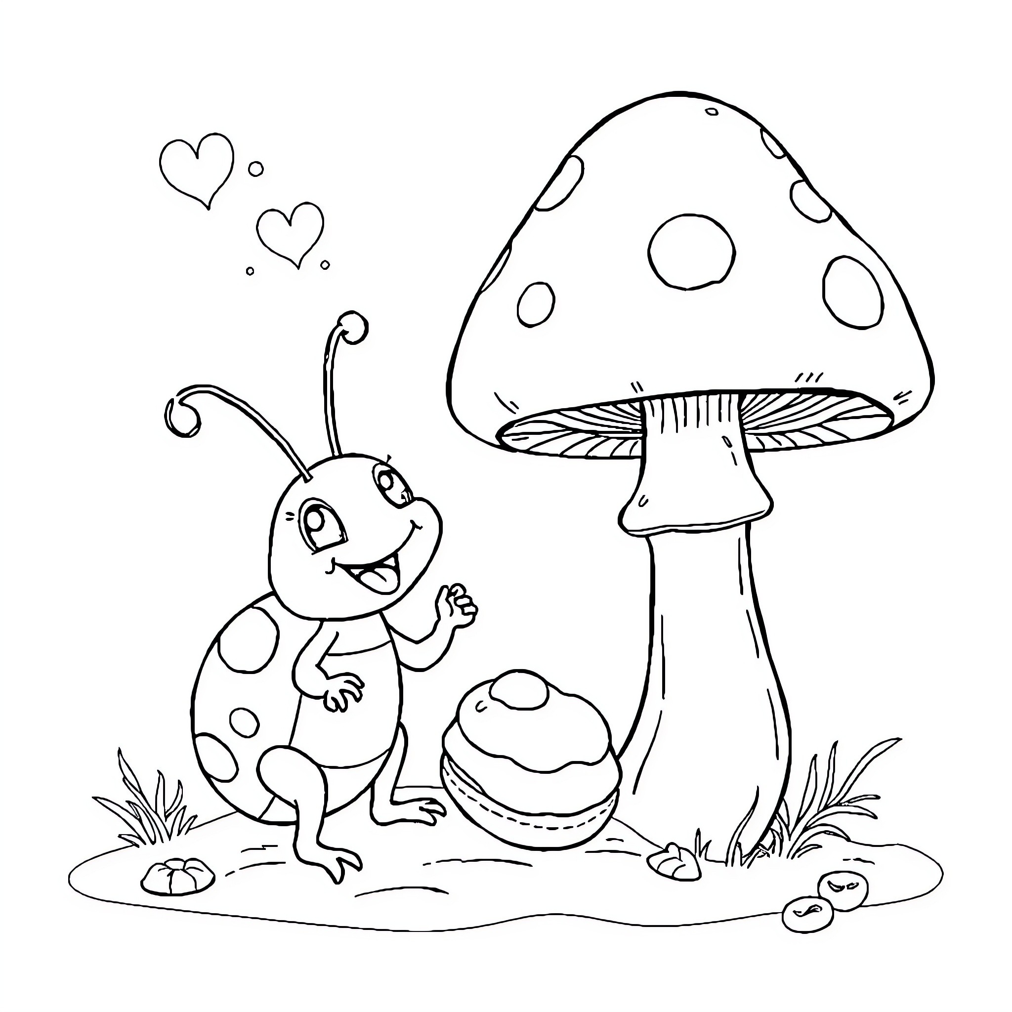 Pumpkin-shaped mushroom and happy insect in the garden Coloring Page (free black-and-white line drawing printable PDF for all, from beginners to advanced learners, including children, teens, adults, and seniors)
