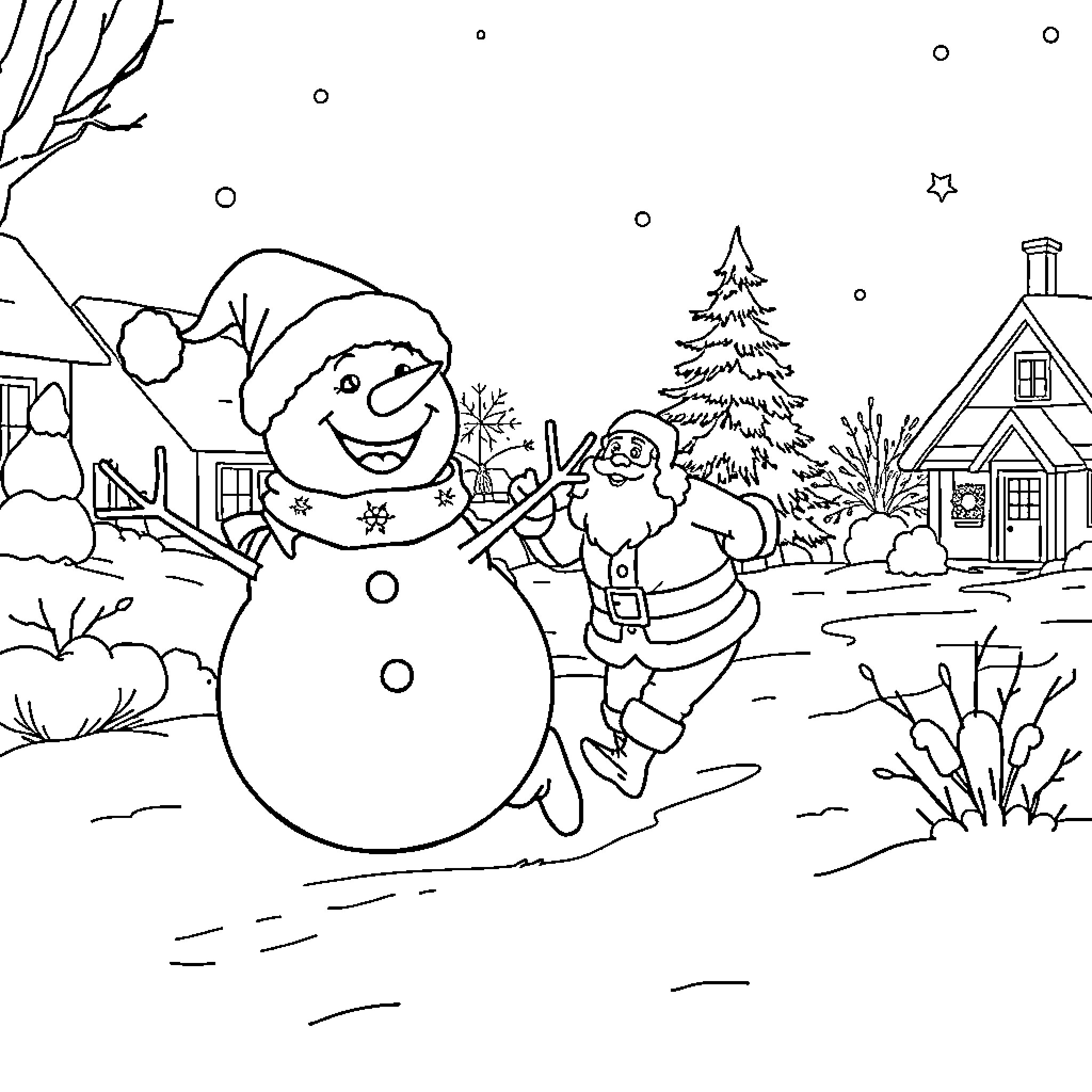 Snowman and Santa playing in a winter wonderland Coloring Page (free black-and-white line drawing printable PDF for all, from beginners to advanced learners, including children, teens, adults, and seniors)