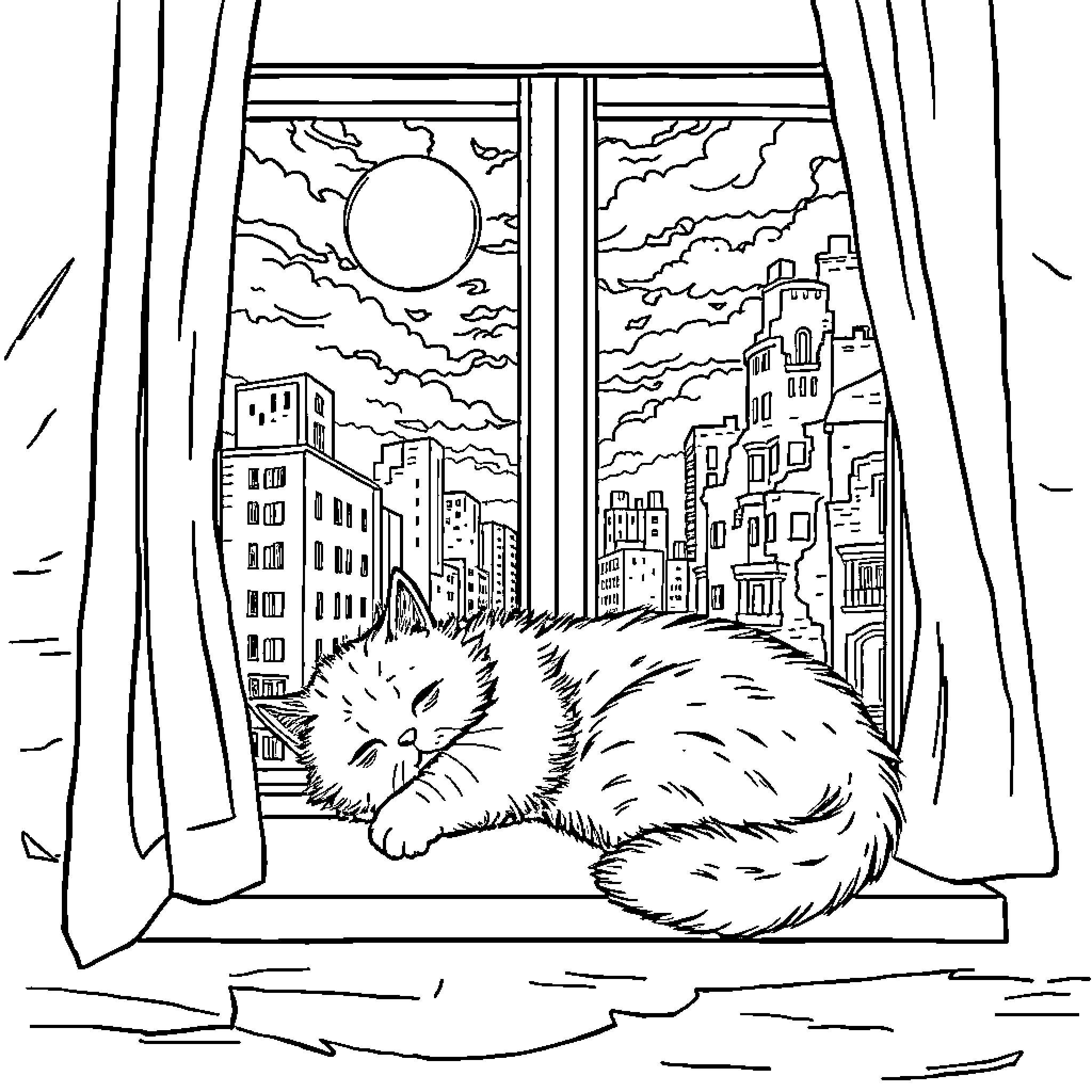 Cat resting peacefully in city window Coloring Page (free black-and-white line drawing printable PDF for all, from beginners to advanced learners, including children, teens, adults, and seniors)