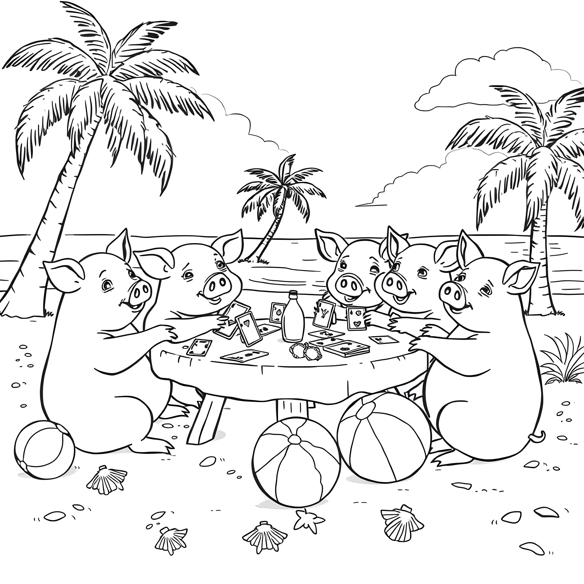 Pigs having a beach party with palm trees Coloring Page (free black-and-white line drawing printable PDF for all, from beginners to advanced learners, including children, teens, adults, and seniors)