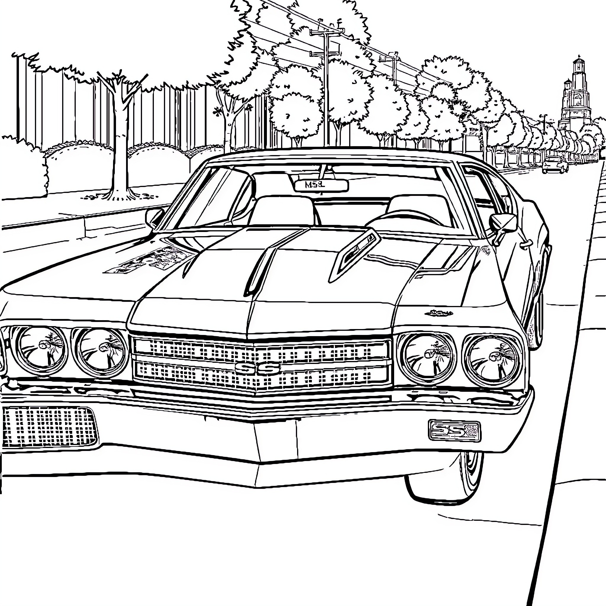 Chevy muscle car in urban landscape Coloring Page (free black-and-white line drawing printable PDF for all, from beginners to advanced learners, including children, teens, adults, and seniors)
