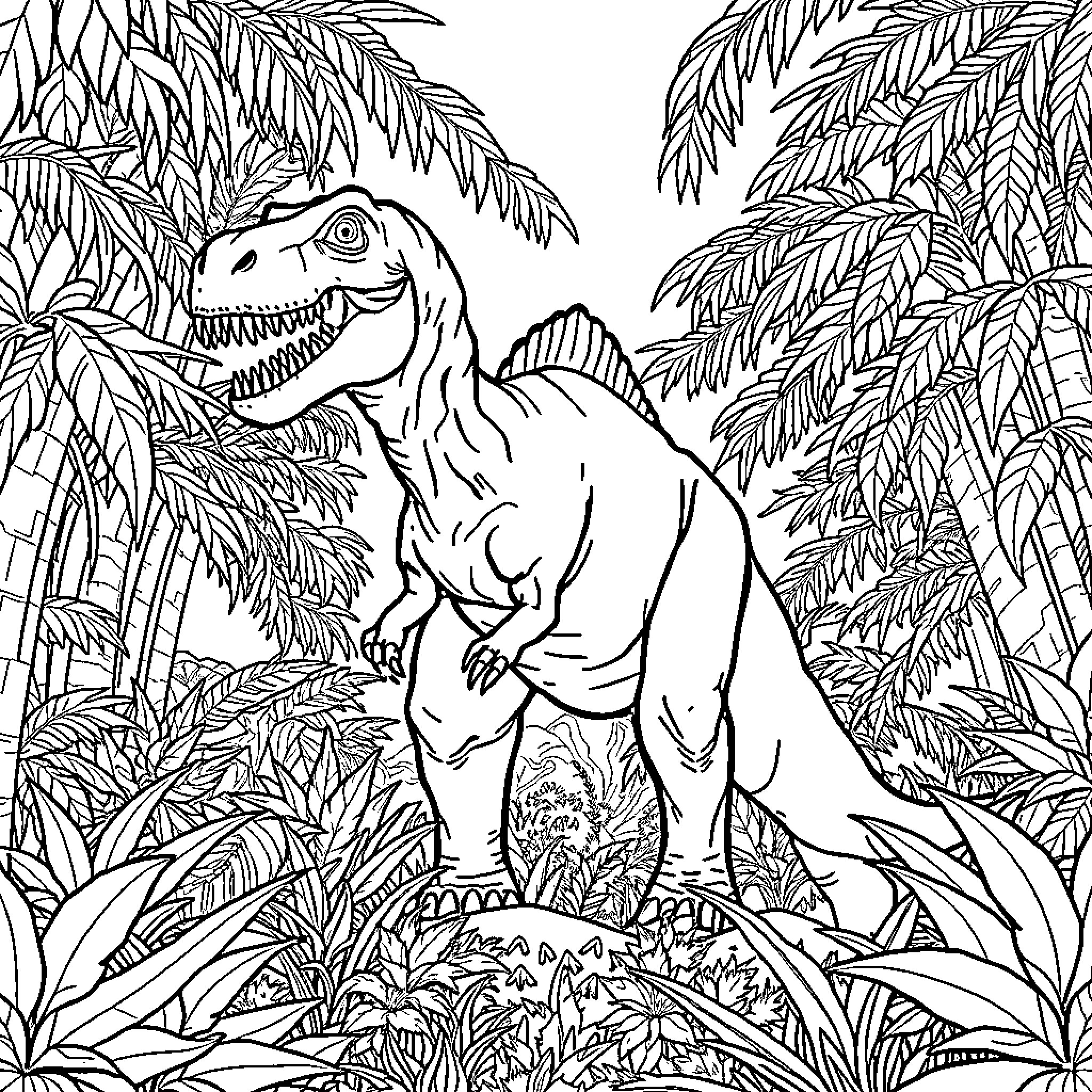 Dinosaur roaring amidst lush jungle foliage Coloring Page (free black-and-white line drawing printable PDF for all, from beginners to advanced learners, including children, teens, adults, and seniors)