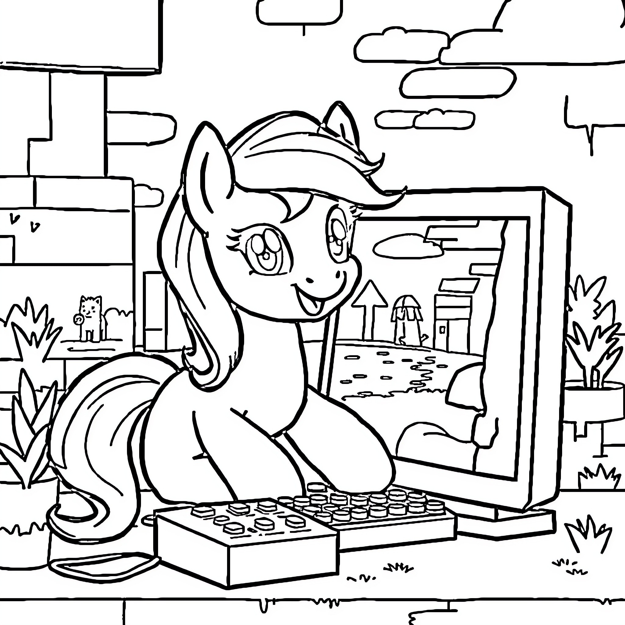 Pony artist working on a painting Coloring Page (free black-and-white line drawing printable PDF for all, from beginners to advanced learners, including children, teens, adults, and seniors)