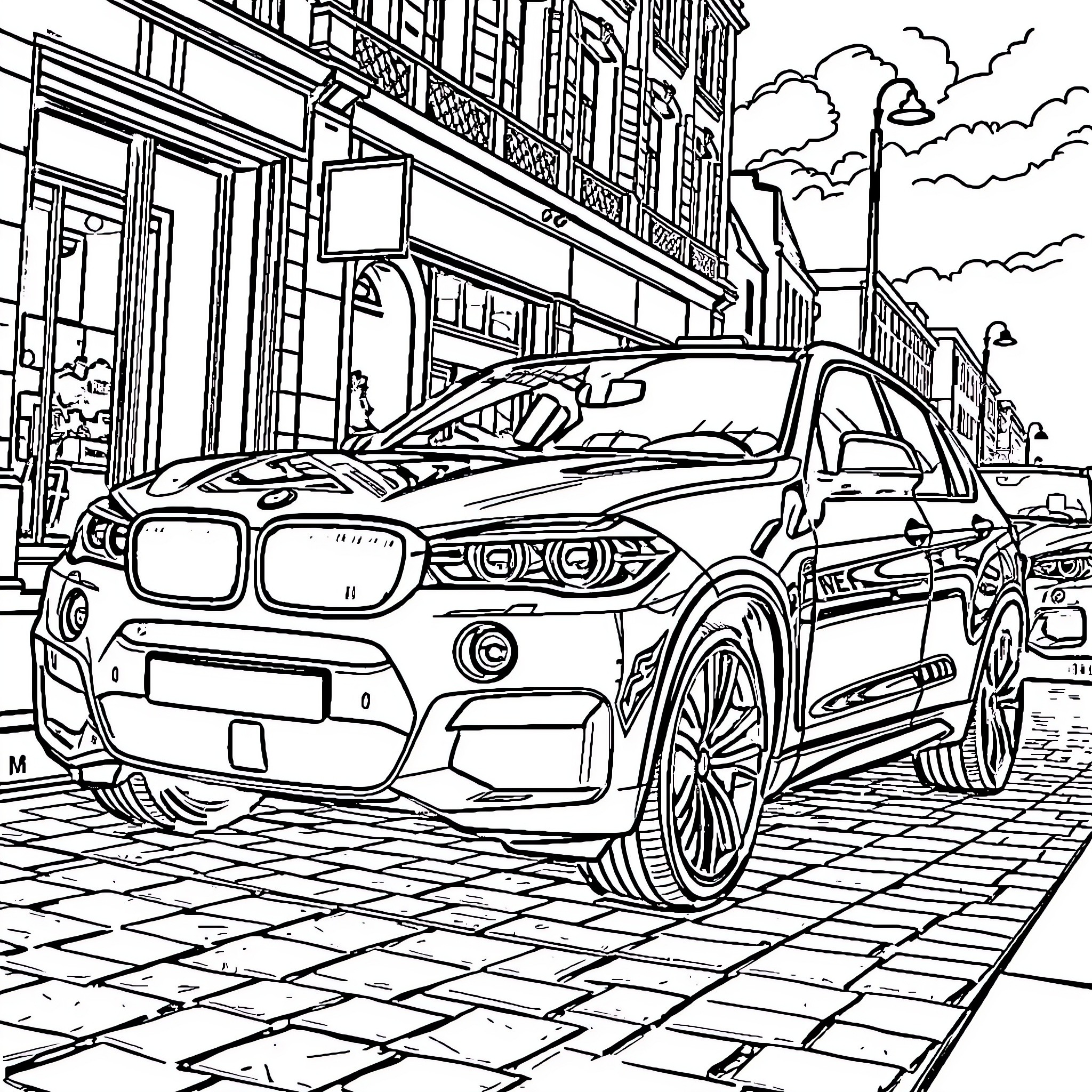 BMW Sports Car in Urban Setting Coloring Page (free black-and-white line drawing printable PDF for all, from beginners to advanced learners, including children, teens, adults, and seniors)