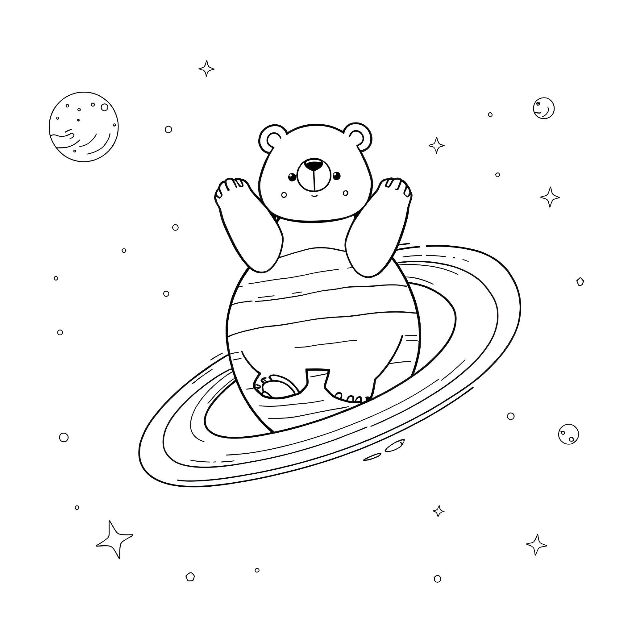 Kaws Bear exploring the cosmic realm Coloring Page (free black-and-white line drawing printable PDF for all, from beginners to advanced learners, including children, teens, adults, and seniors)
