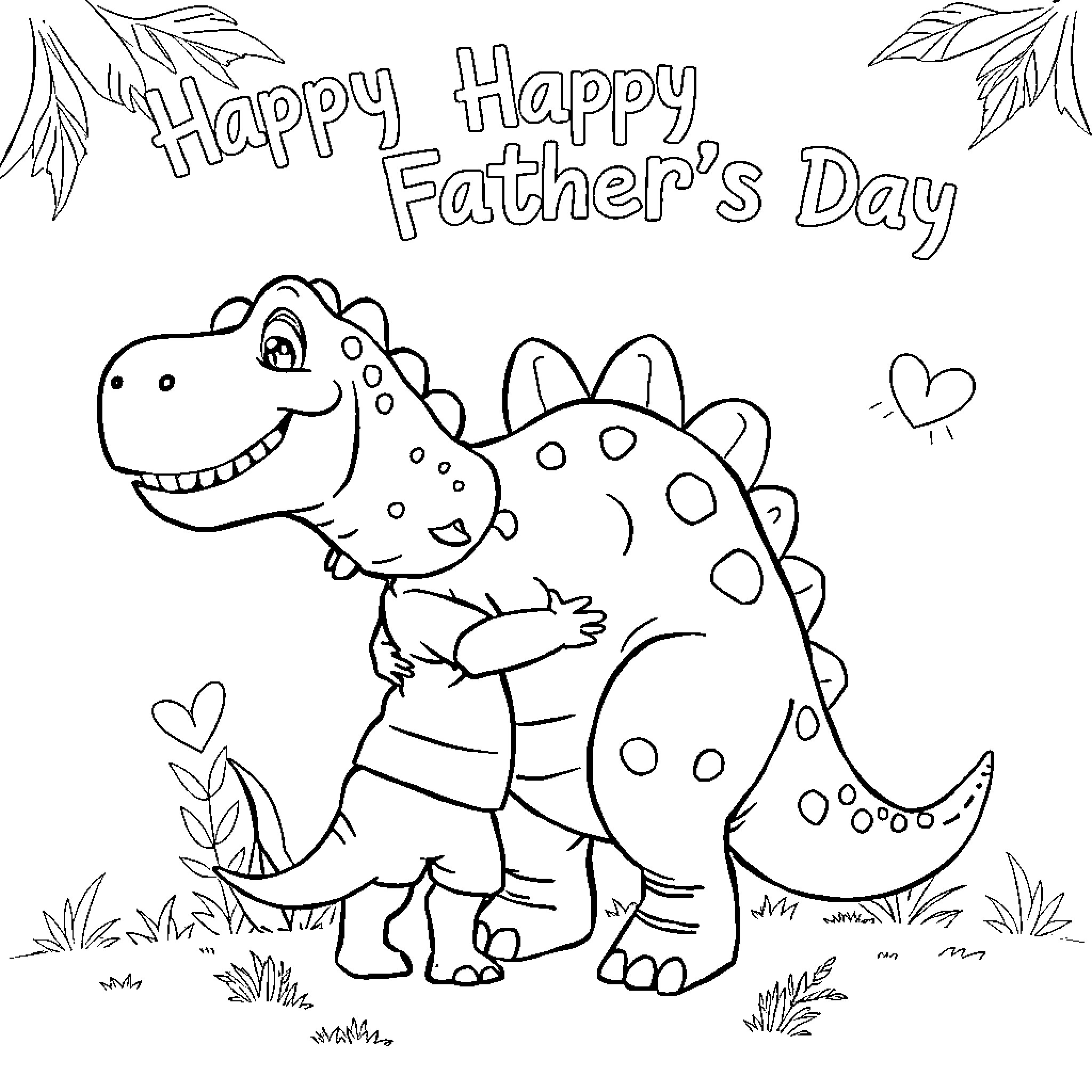 Dinosaur celebrating Happy Father's Day Coloring Page (free black-and-white line drawing printable PDF for all, from beginners to advanced learners, including children, teens, adults, and seniors)