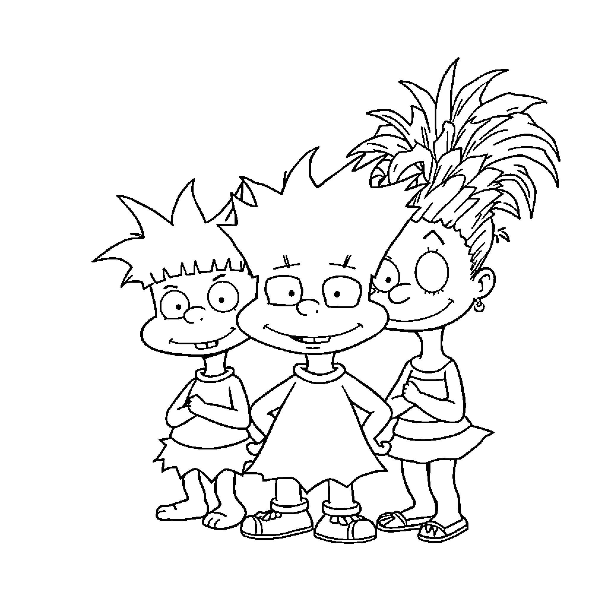 Rugrat friends enjoying a playful moment Coloring Page (free black-and-white line drawing printable PDF for all, from beginners to advanced learners, including children, teens, adults, and seniors)
