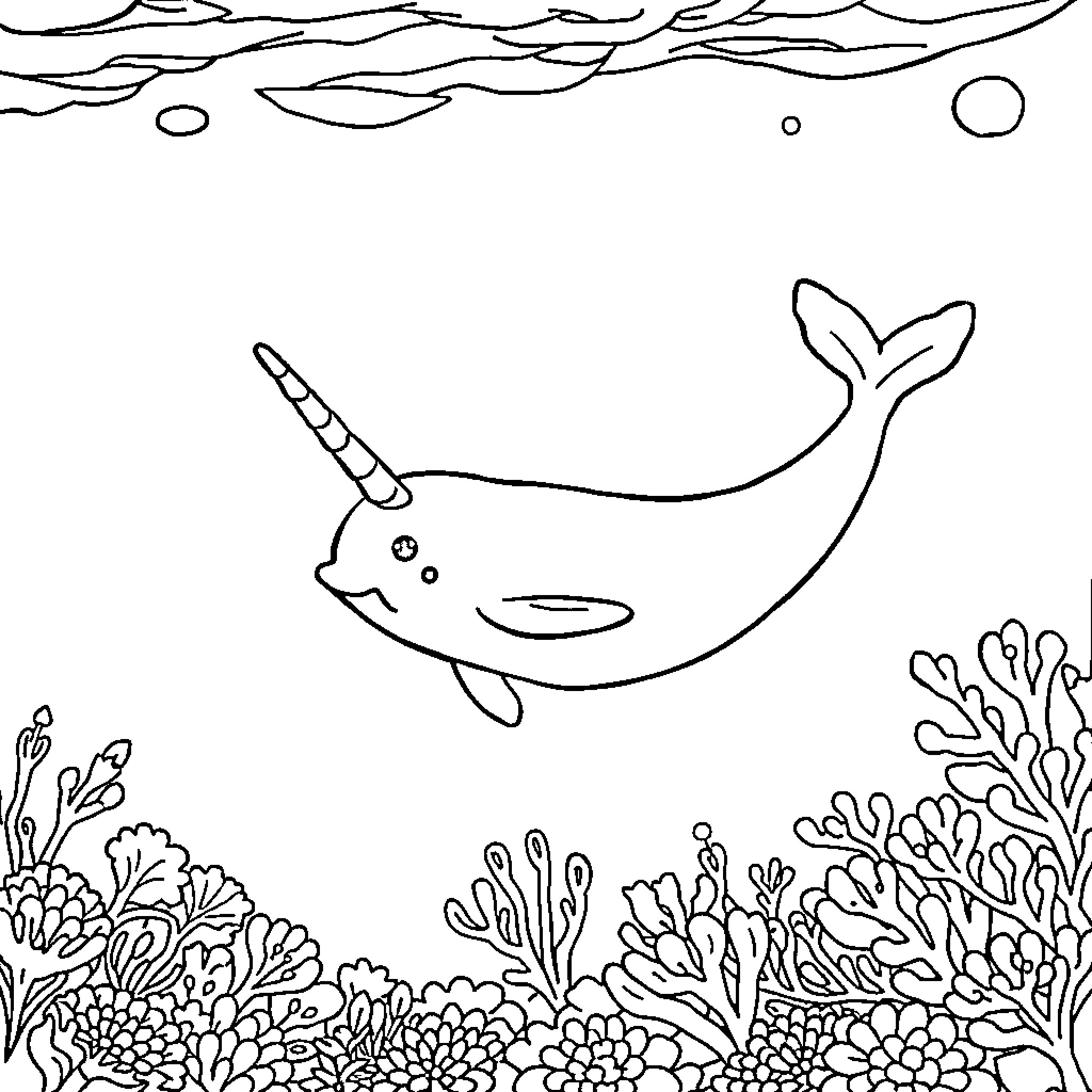 Narwhal swimming in the ocean with coral Coloring Page (free black-and-white line drawing printable PDF for all, from beginners to advanced learners, including children, teens, adults, and seniors)