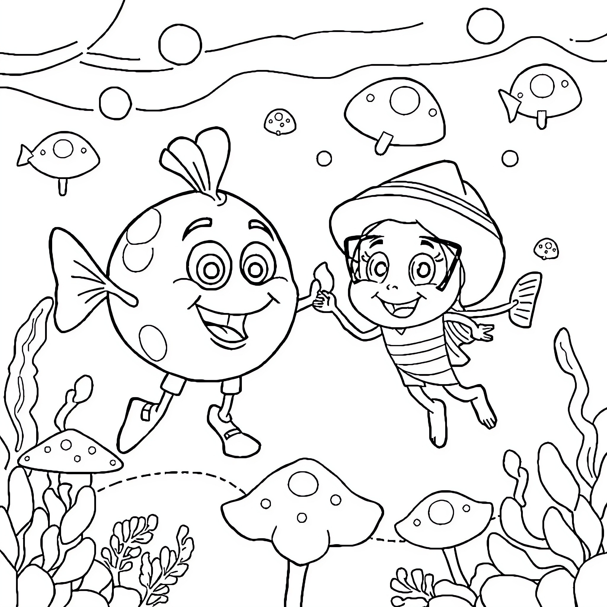 Spongebob and friends explore the underwater world Coloring Page (free black-and-white line drawing printable PDF for all, from beginners to advanced learners, including children, teens, adults, and seniors)