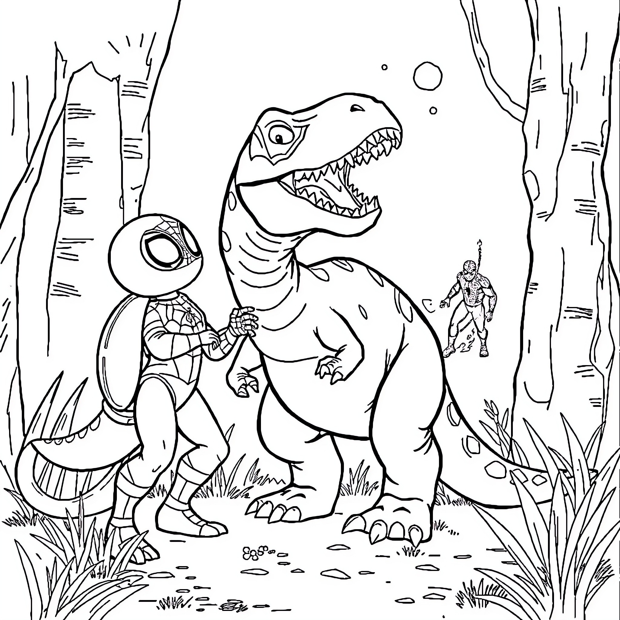 Patrol of Dinosaur Encounter in Wilderness Coloring Page (free black-and-white line drawing printable PDF for all, from beginners to advanced learners, including children, teens, adults, and seniors)