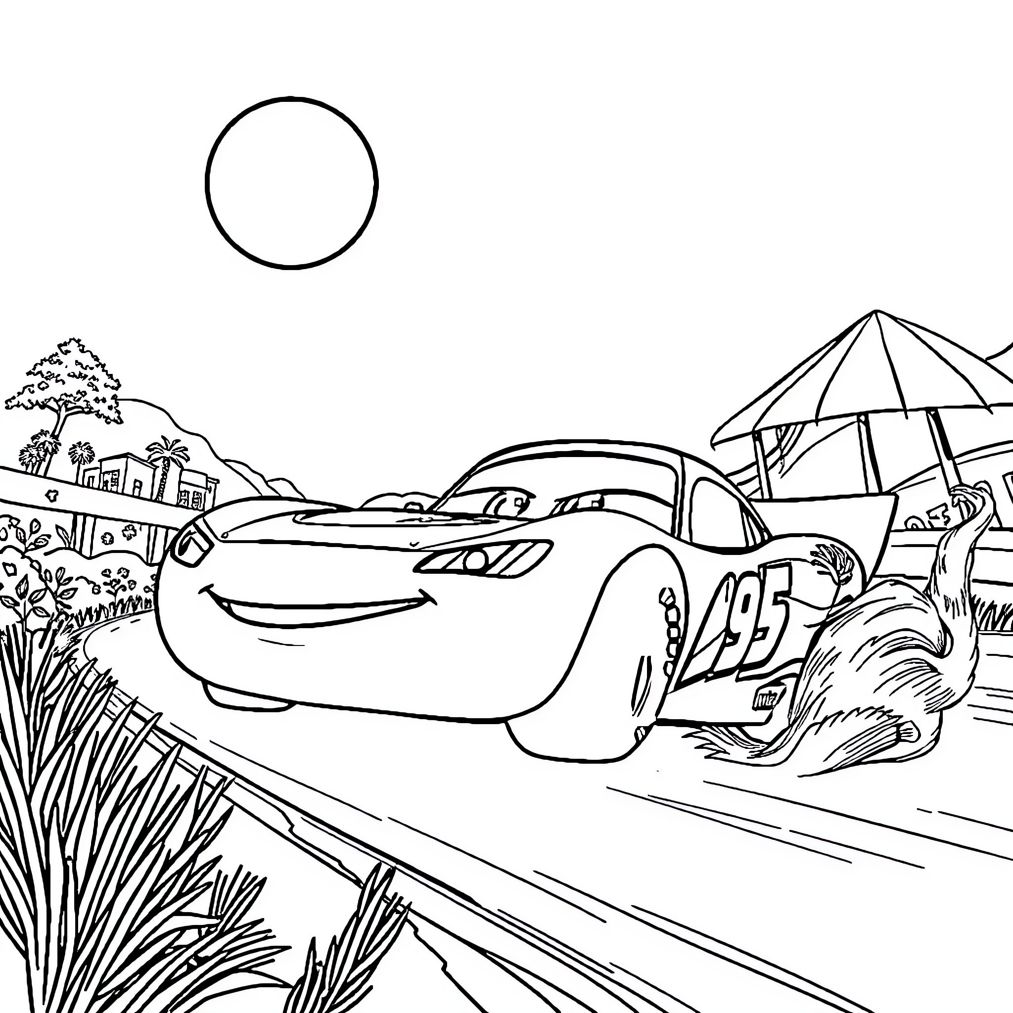 Lightning McQueen's race day adventure Coloring Page (free black-and-white line drawing printable PDF for all, from beginners to advanced learners, including children, teens, adults, and seniors)