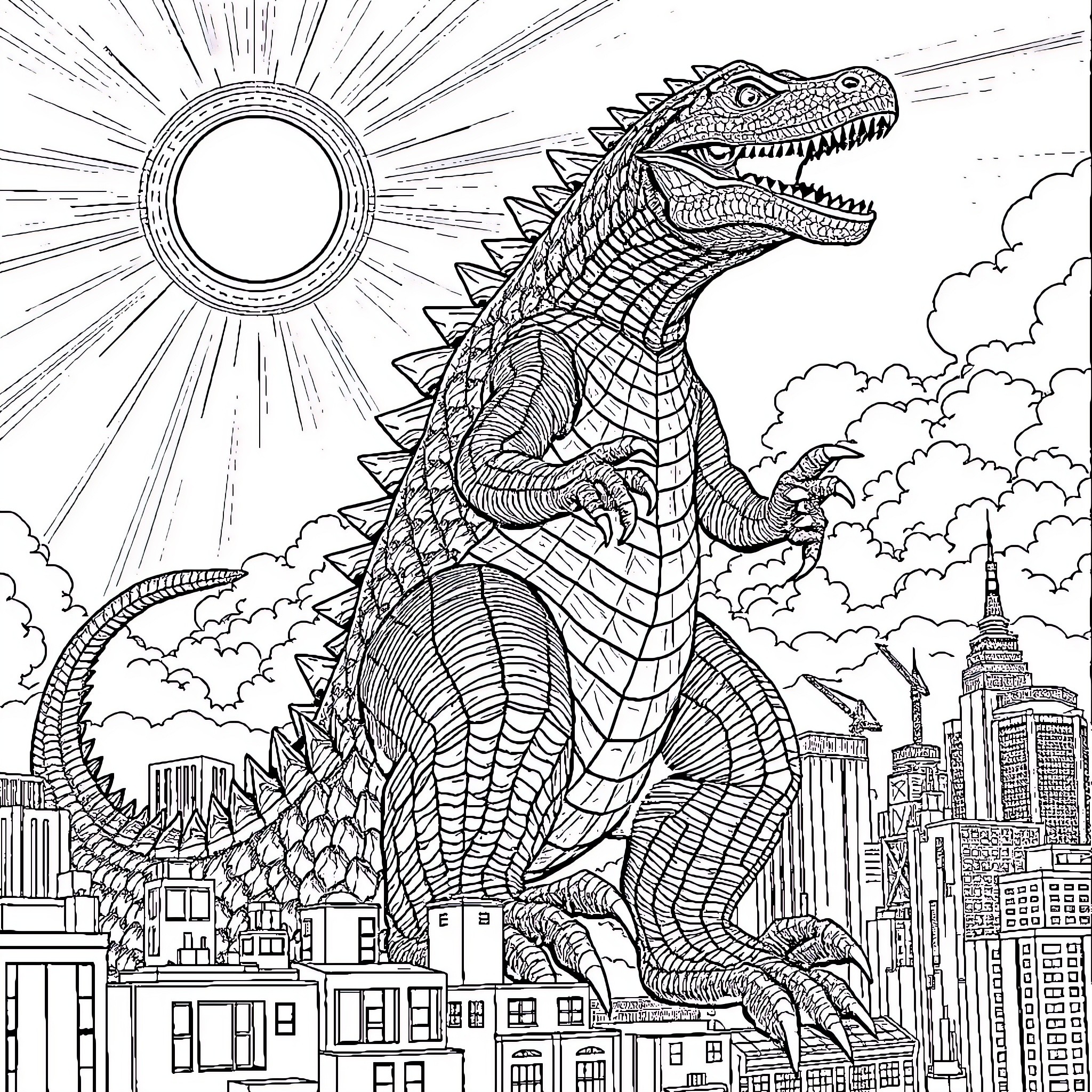Lizard Stomping Through Cityscape Coloring Page (free black-and-white line drawing printable PDF for all, from beginners to advanced learners, including children, teens, adults, and seniors)