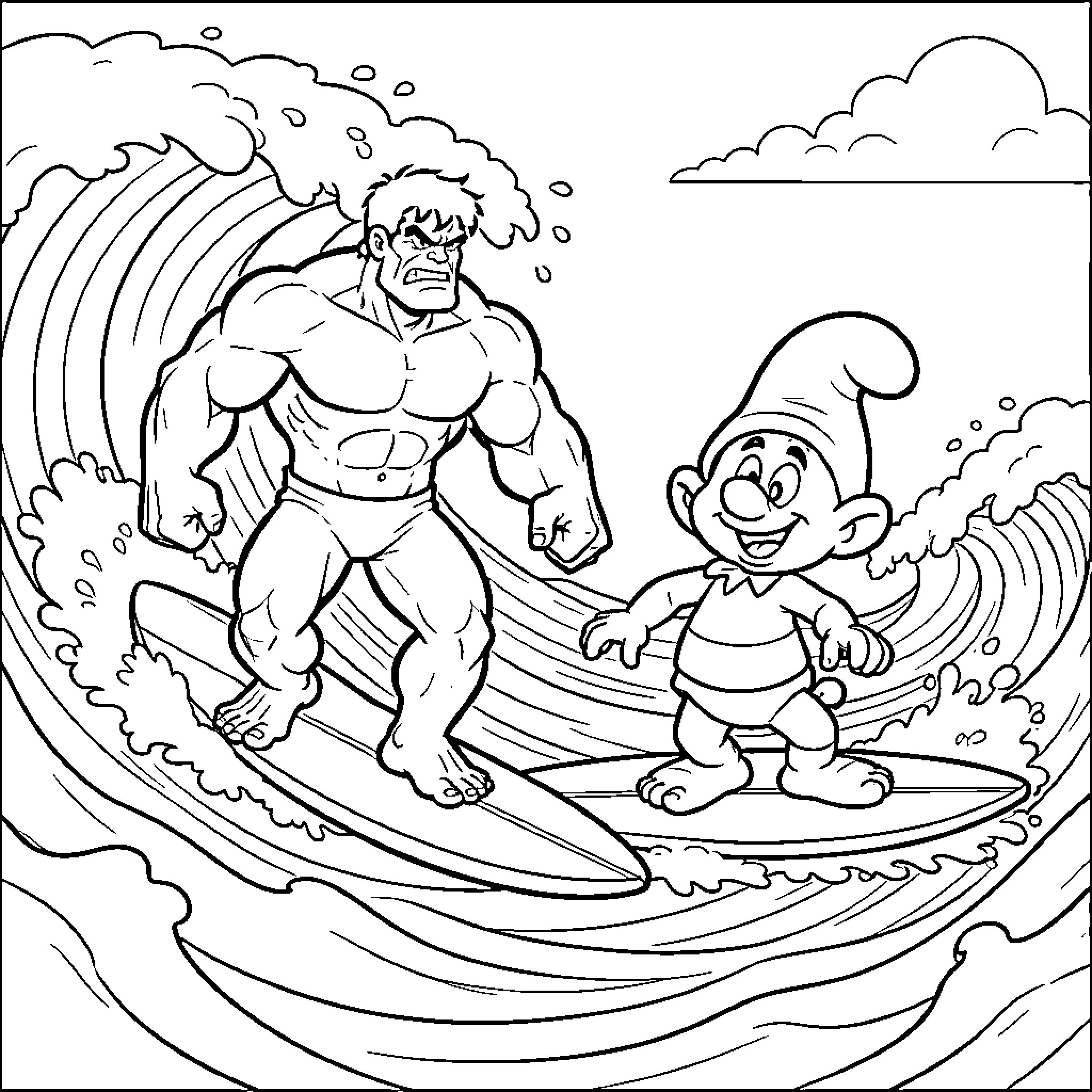 Hulk and a small character surfing on ocean waves Coloring Page (free black-and-white line drawing printable PDF for all, from beginners to advanced learners, including children, teens, adults, and seniors)