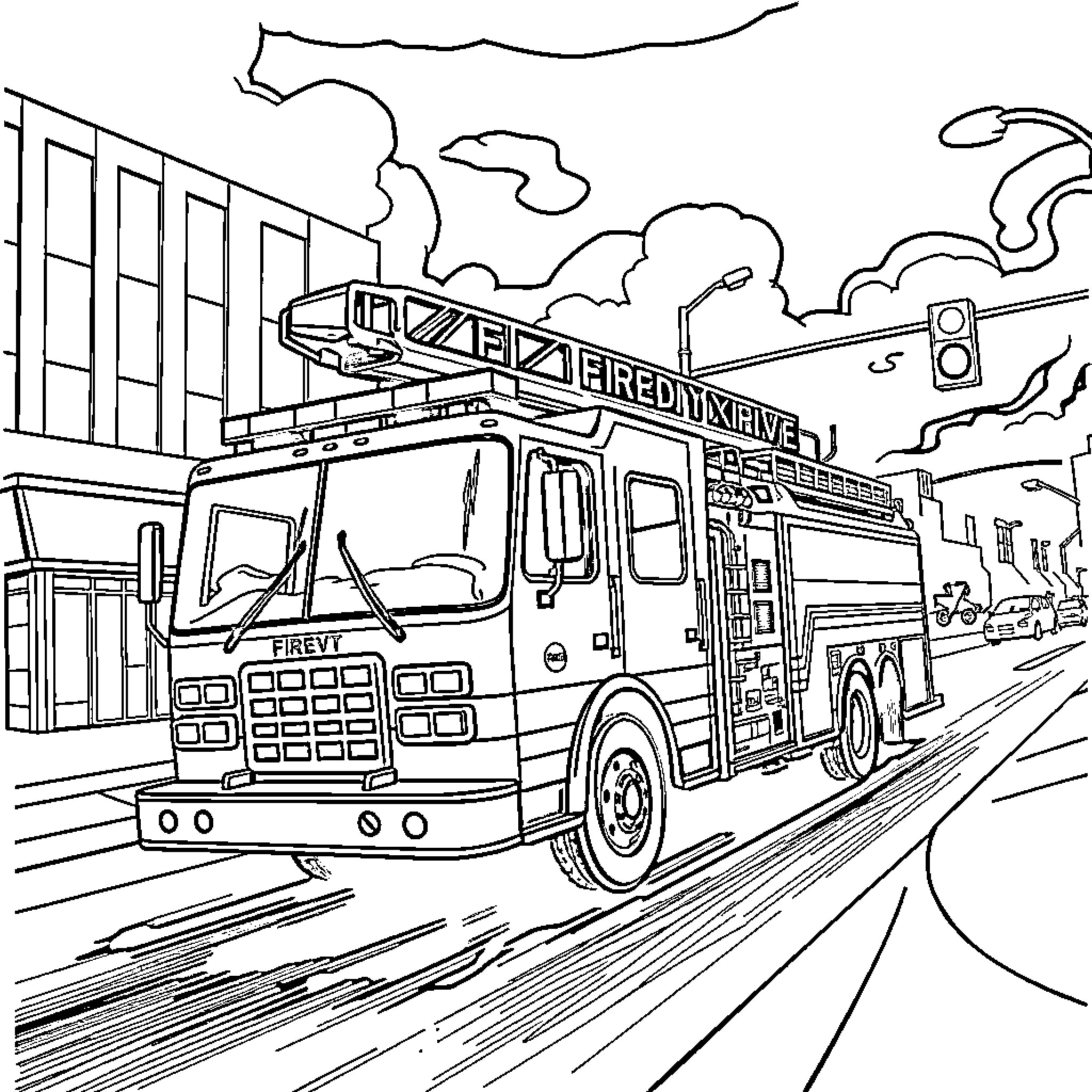 Firetruck rushing to respond to an emergency call Coloring Page (free black-and-white line drawing printable PDF for all, from beginners to advanced learners, including children, teens, adults, and seniors)