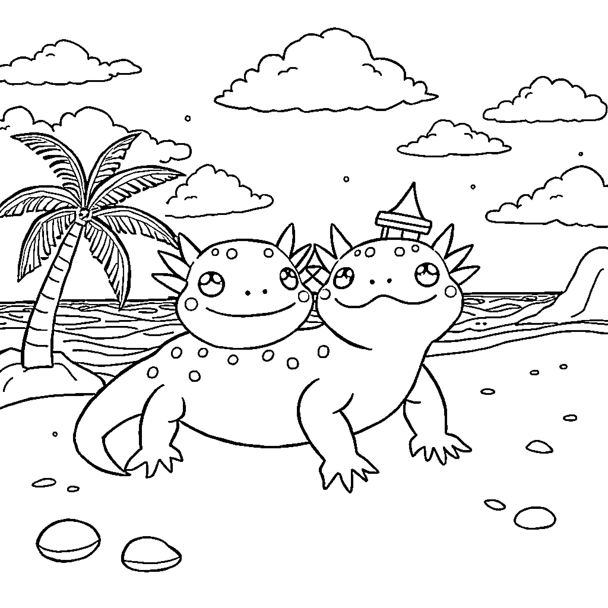 Axolotl friends enjoying a sunny day at the beach Coloring Page (free black-and-white line drawing printable PDF for all, from beginners to advanced learners, including children, teens, adults, and seniors)