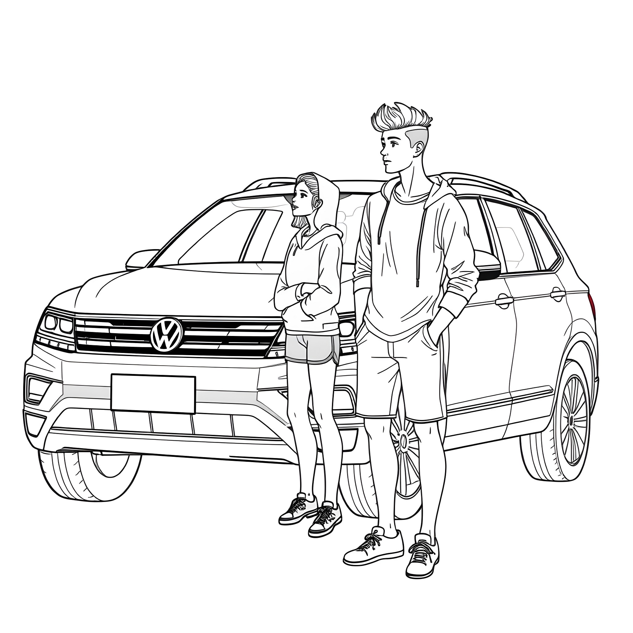 Teen friends posing by a vehicle Coloring Page (free black-and-white line drawing printable PDF for all, from beginners to advanced learners, including children, teens, adults, and seniors)