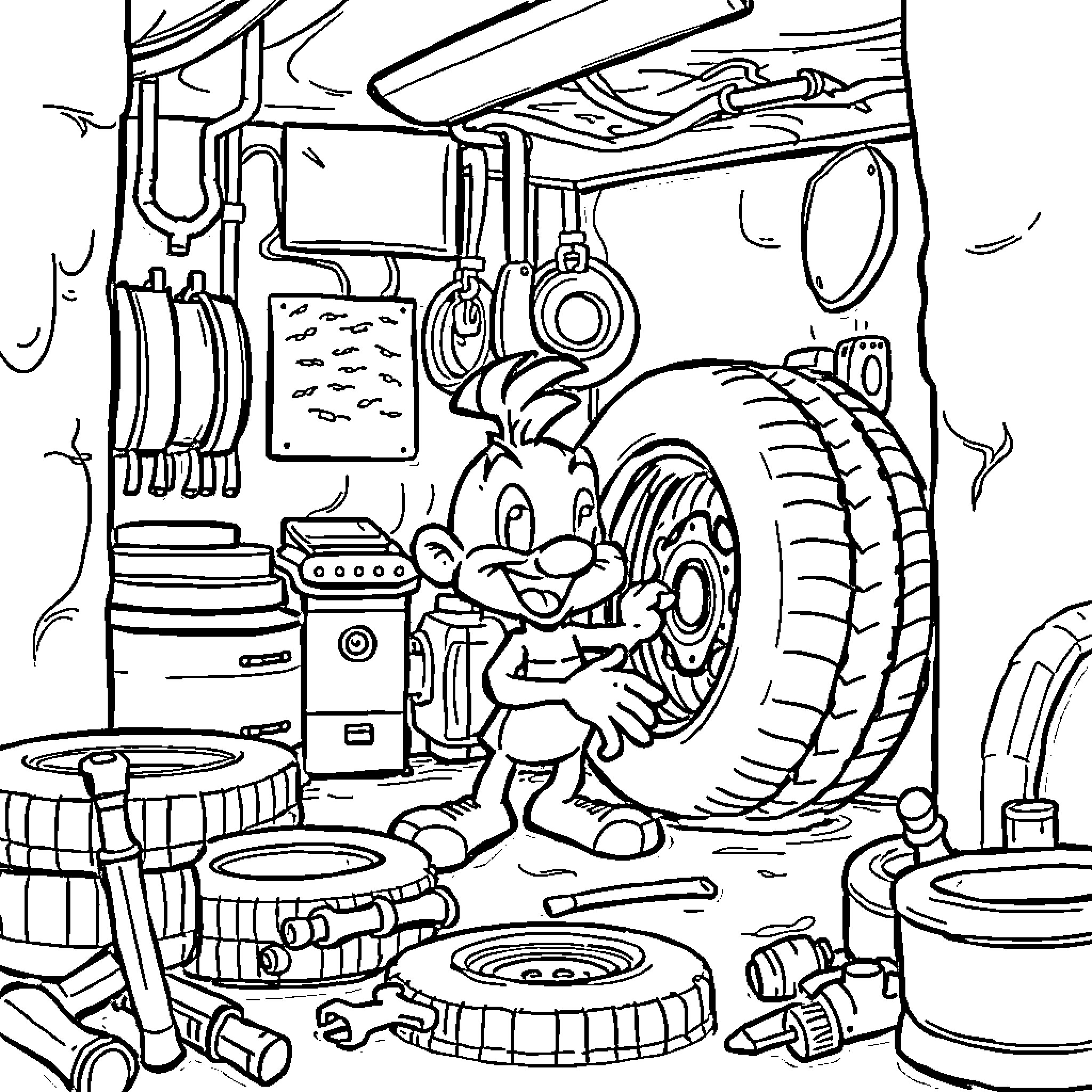 Sprunky's Cluttered Auto Workshop Coloring Page (free black-and-white line drawing printable PDF for all, from beginners to advanced learners, including children, teens, adults, and seniors)
