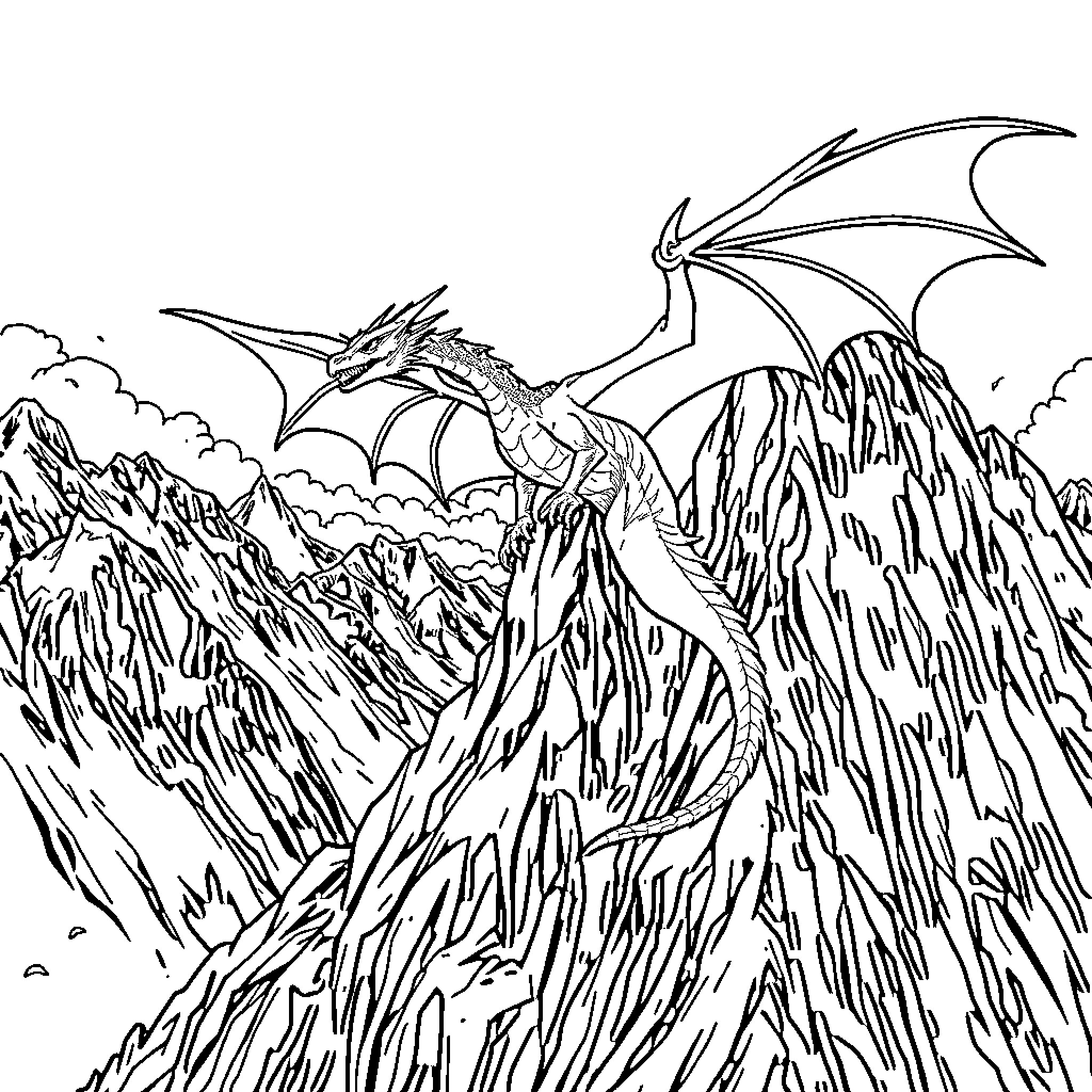 Dragon soaring over rugged mountain terrain Coloring Page (free black-and-white line drawing printable PDF for all, from beginners to advanced learners, including children, teens, adults, and seniors)