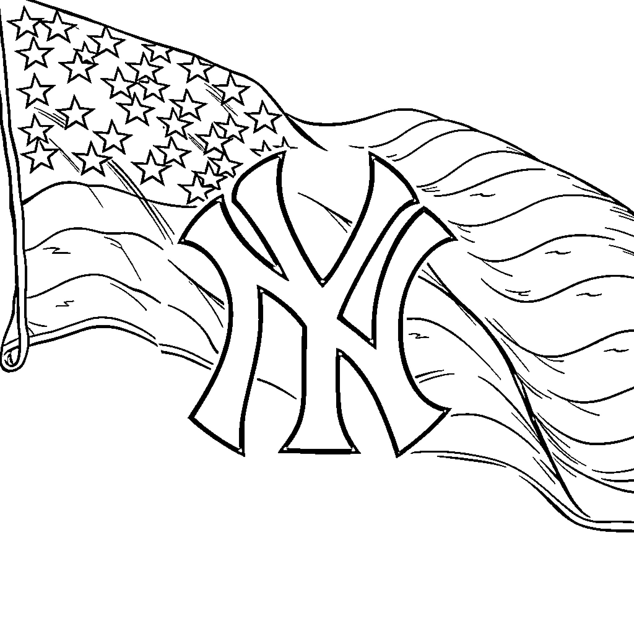 Yankees Flag Waving with Pride Coloring Page (free black-and-white line drawing printable PDF for all, from beginners to advanced learners, including children, teens, adults, and seniors)