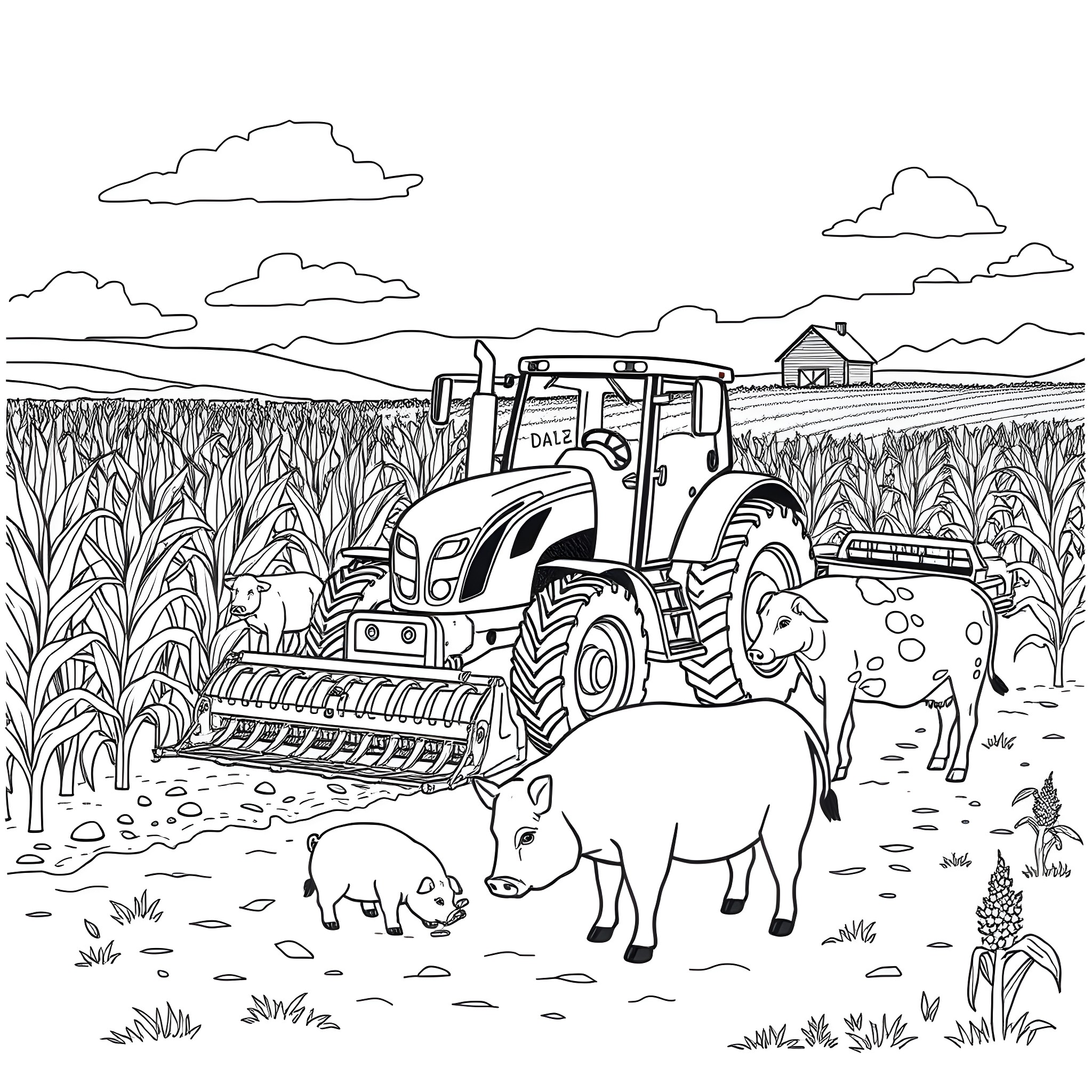 Tractor working in the field with farm animals Coloring Page (free black-and-white line drawing printable PDF for all, from beginners to advanced learners, including children, teens, adults, and seniors)