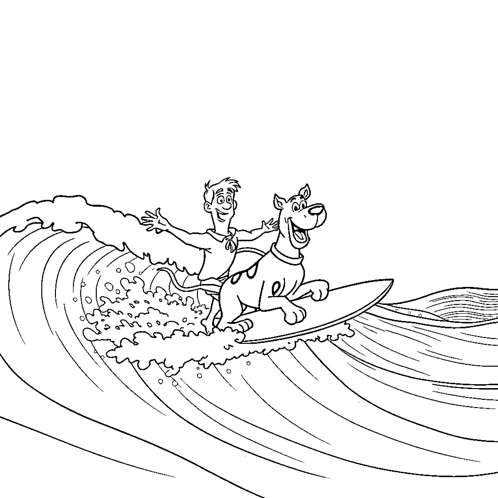 Scooby Doo Surfing Exciting Waves with Friend Coloring Page (free black-and-white line drawing printable PDF for all, from beginners to advanced learners, including children, teens, adults, and seniors)