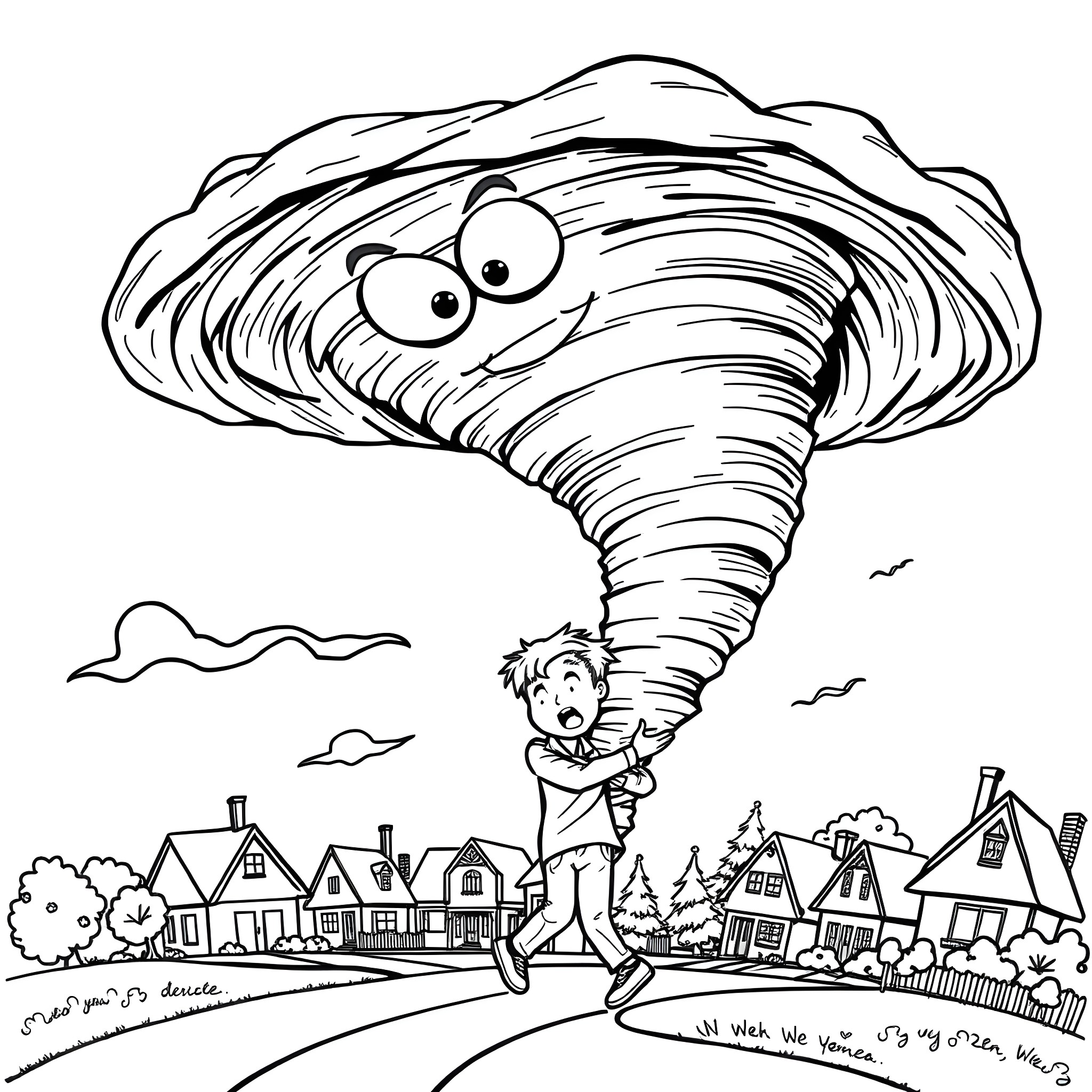 Tornado chasing through the town Coloring Page (free black-and-white line drawing printable PDF for all, from beginners to advanced learners, including children, teens, adults, and seniors)