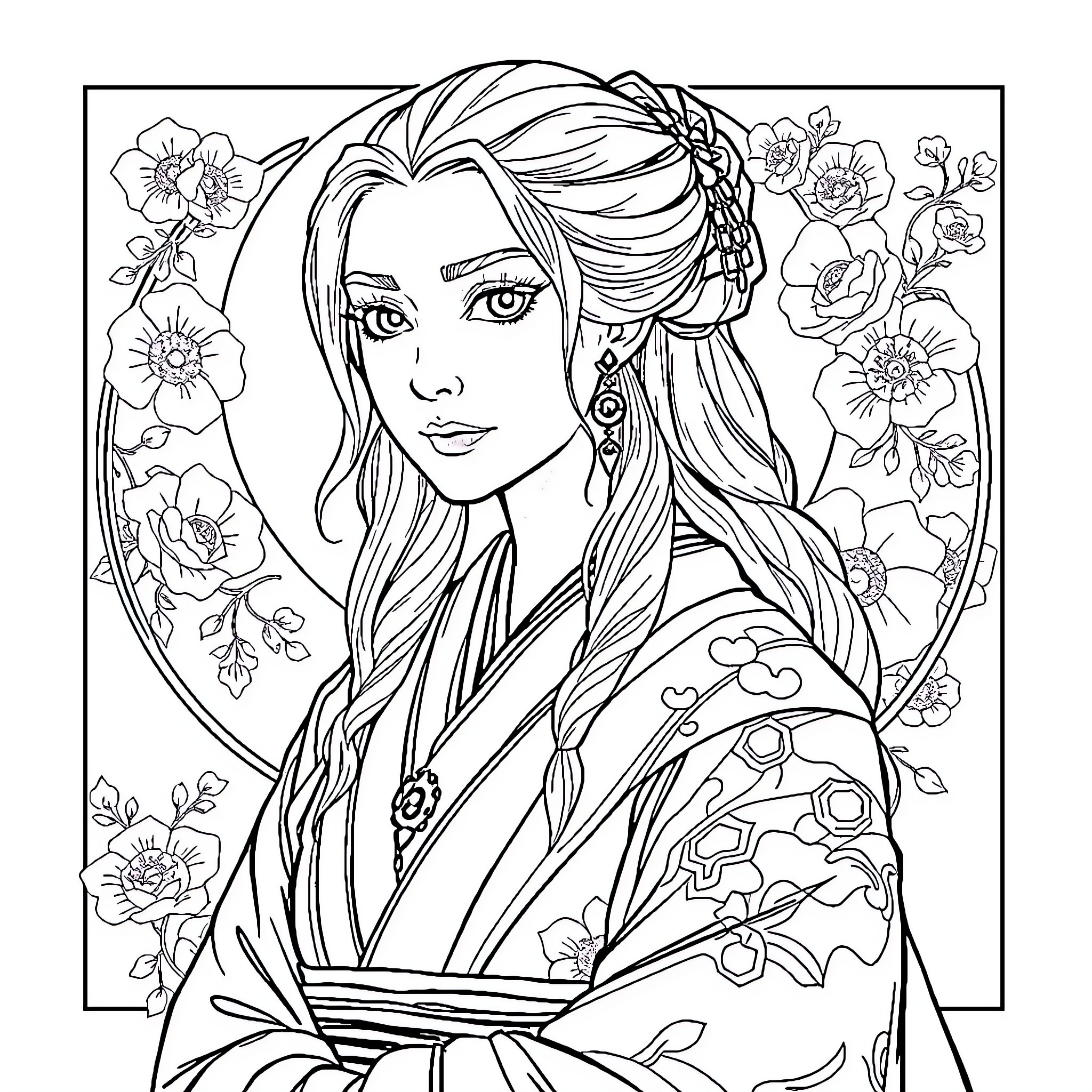 Daenerys in Elegant Kimono with Floral Accents Coloring Page (free black-and-white line drawing printable PDF for all, from beginners to advanced learners, including children, teens, adults, and seniors)