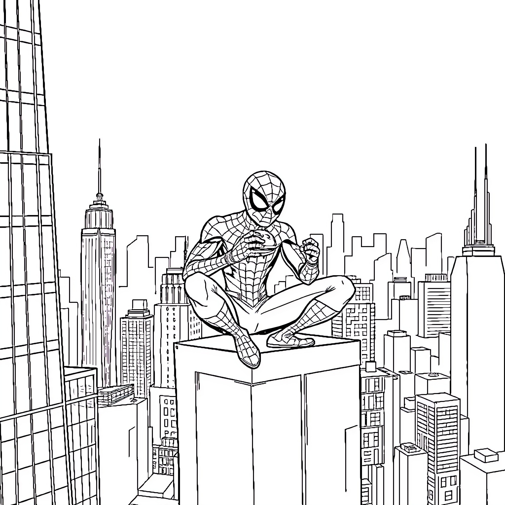 Spiderman swinging through the city skyline Coloring Page (free black-and-white line drawing printable PDF for all, from beginners to advanced learners, including children, teens, adults, and seniors)