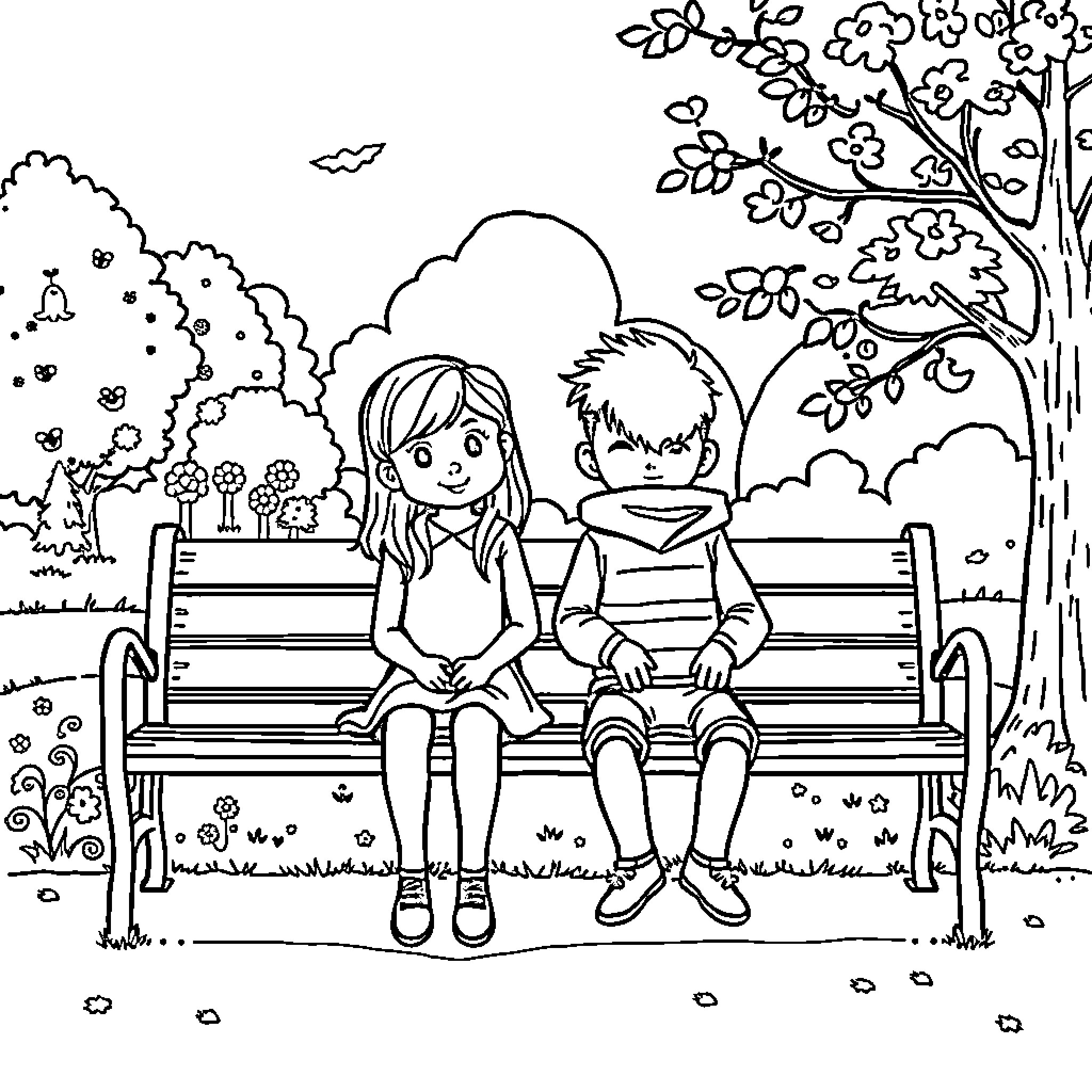 Sally and Jack's Peaceful Park Picnic Coloring Page (free black-and-white line drawing printable PDF for all, from beginners to advanced learners, including children, teens, adults, and seniors)