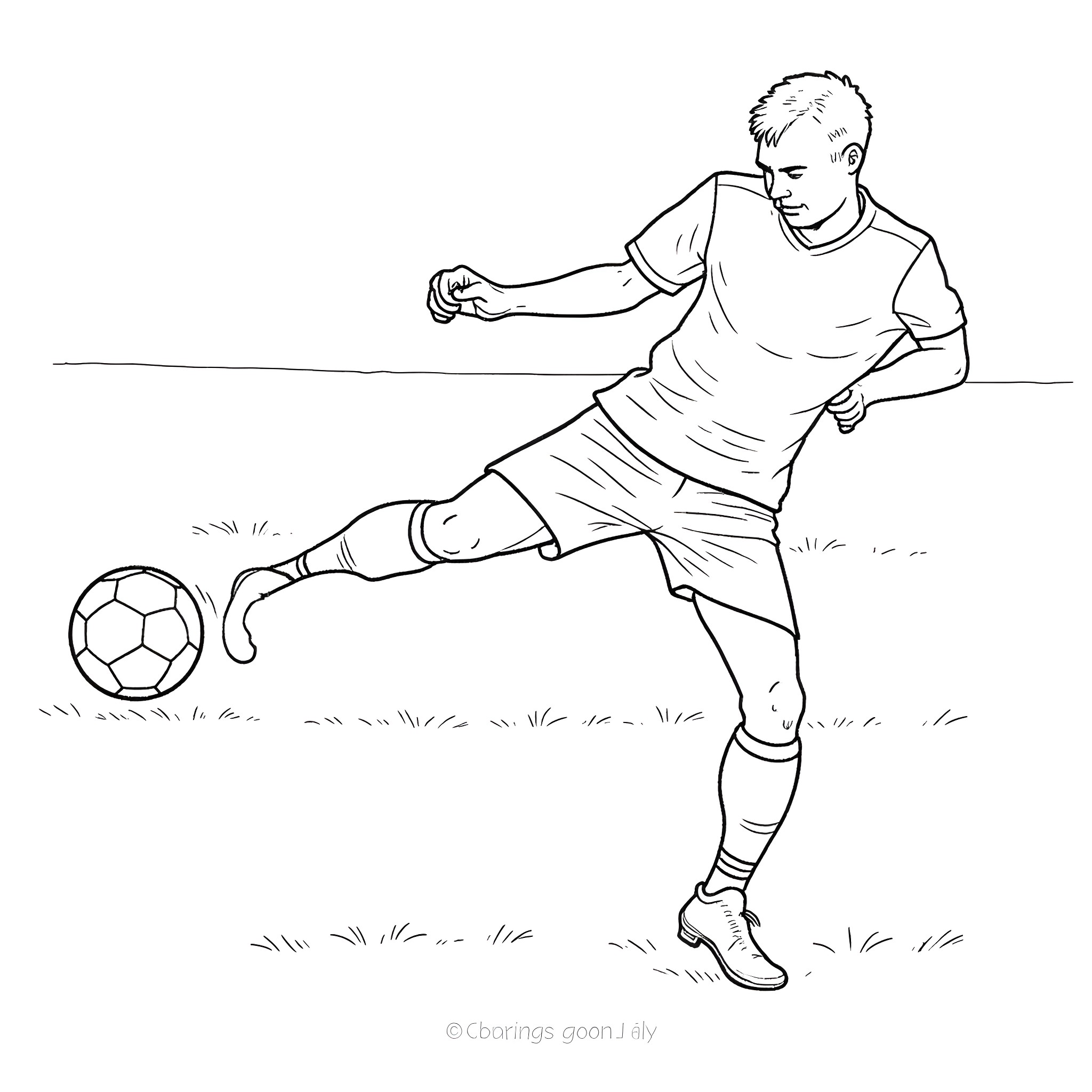 Wayne Rooney kicking a soccer ball on the field Coloring Page (free black-and-white line drawing printable PDF for all, from beginners to advanced learners, including children, teens, adults, and seniors)