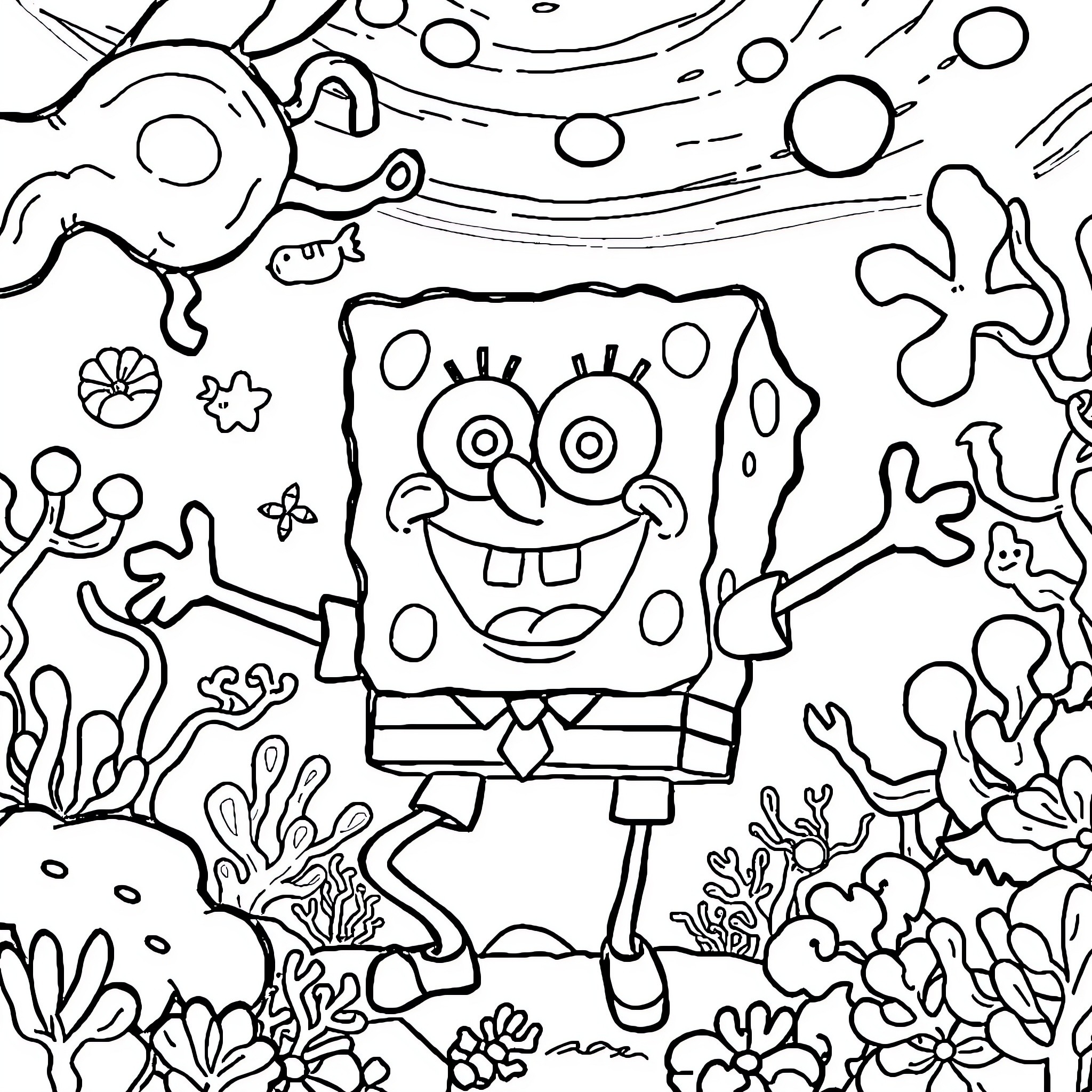 Spongebob's Underwater Adventure Coloring Page (free black-and-white line drawing printable PDF for all, from beginners to advanced learners, including children, teens, adults, and seniors)