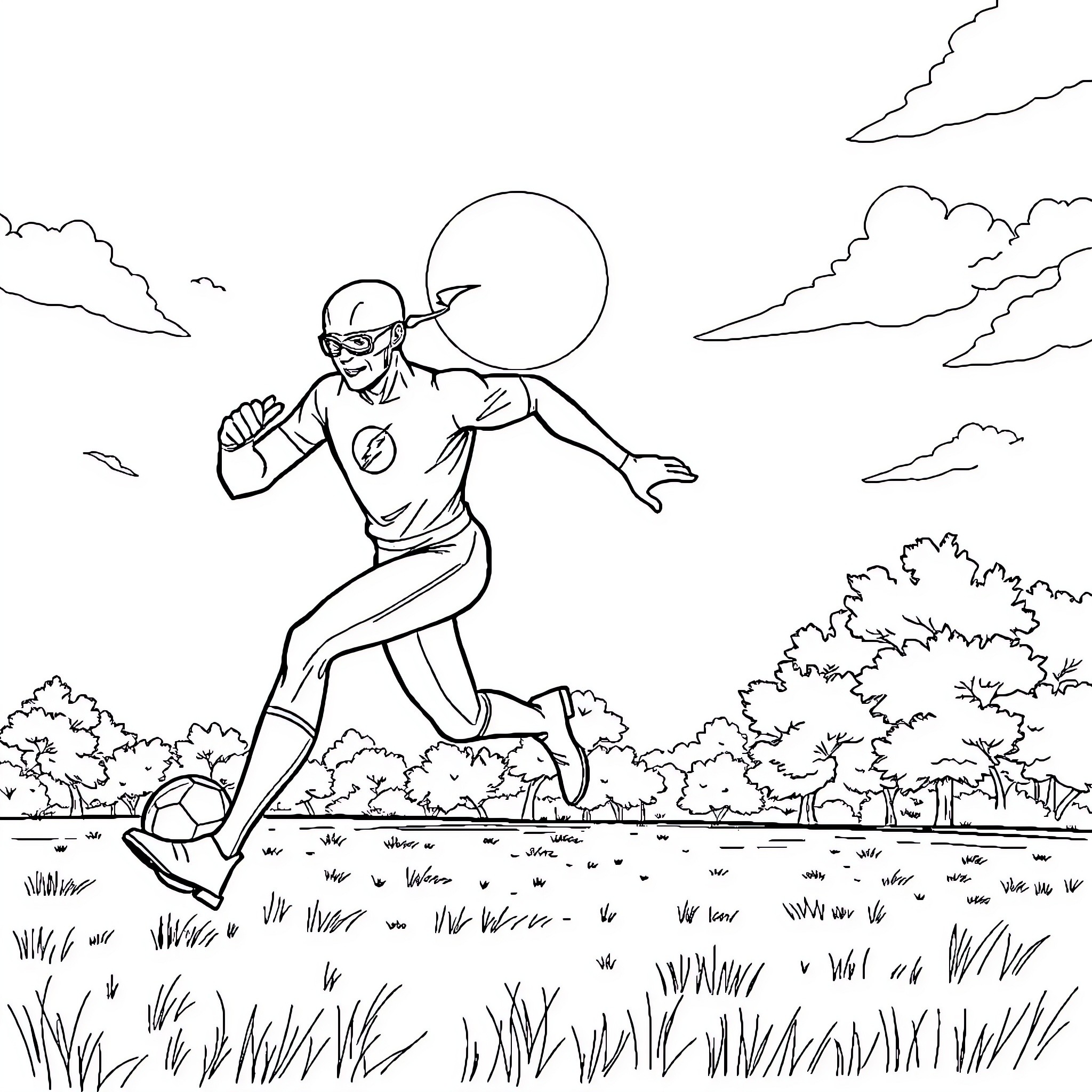 Flash rushing through the countryside Coloring Page (free black-and-white line drawing printable PDF for all, from beginners to advanced learners, including children, teens, adults, and seniors)