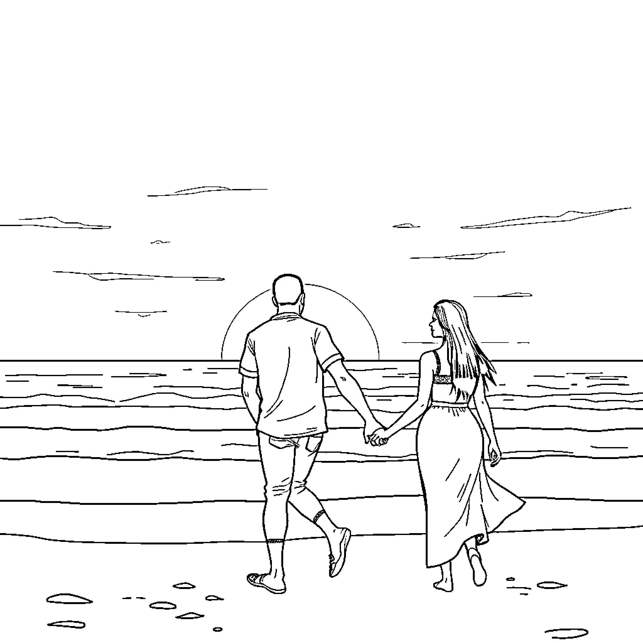 Man and Woman Walking Together on the Beach Coloring Page (free black-and-white line drawing printable PDF for all, from beginners to advanced learners, including children, teens, adults, and seniors)